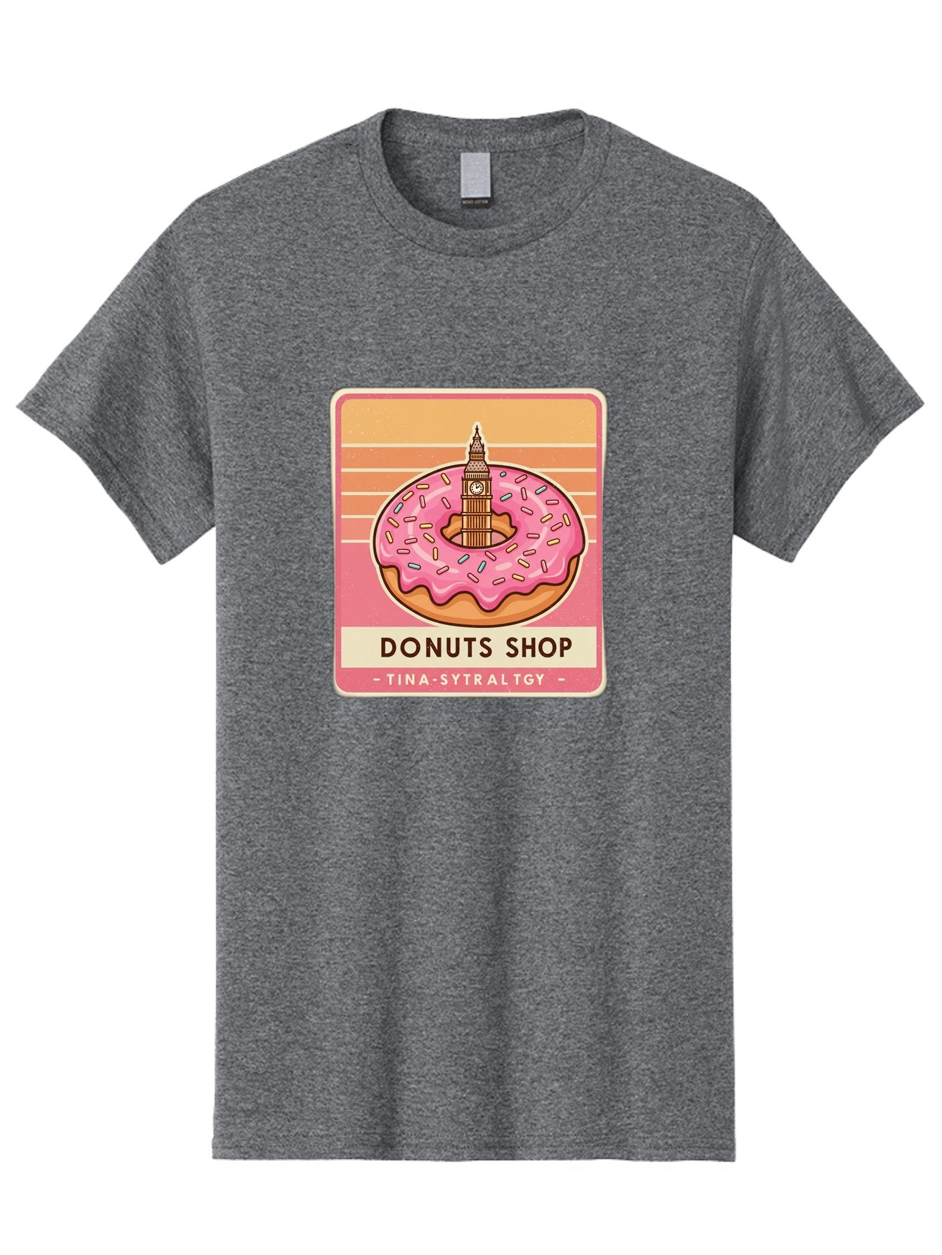 Donuts-Shop Men'S Graphic Tee, 100% Cotton, Comfortable Casual Summer Wear, Machine Washable, Pink Frosted Donut, Colorful Sprinkles, Big Ben On Donut, London Landmark, Sweet Treats, Donut Shop Sign, Tina-Sytraltgy Branding, Tasty Dessert, Baa530 5