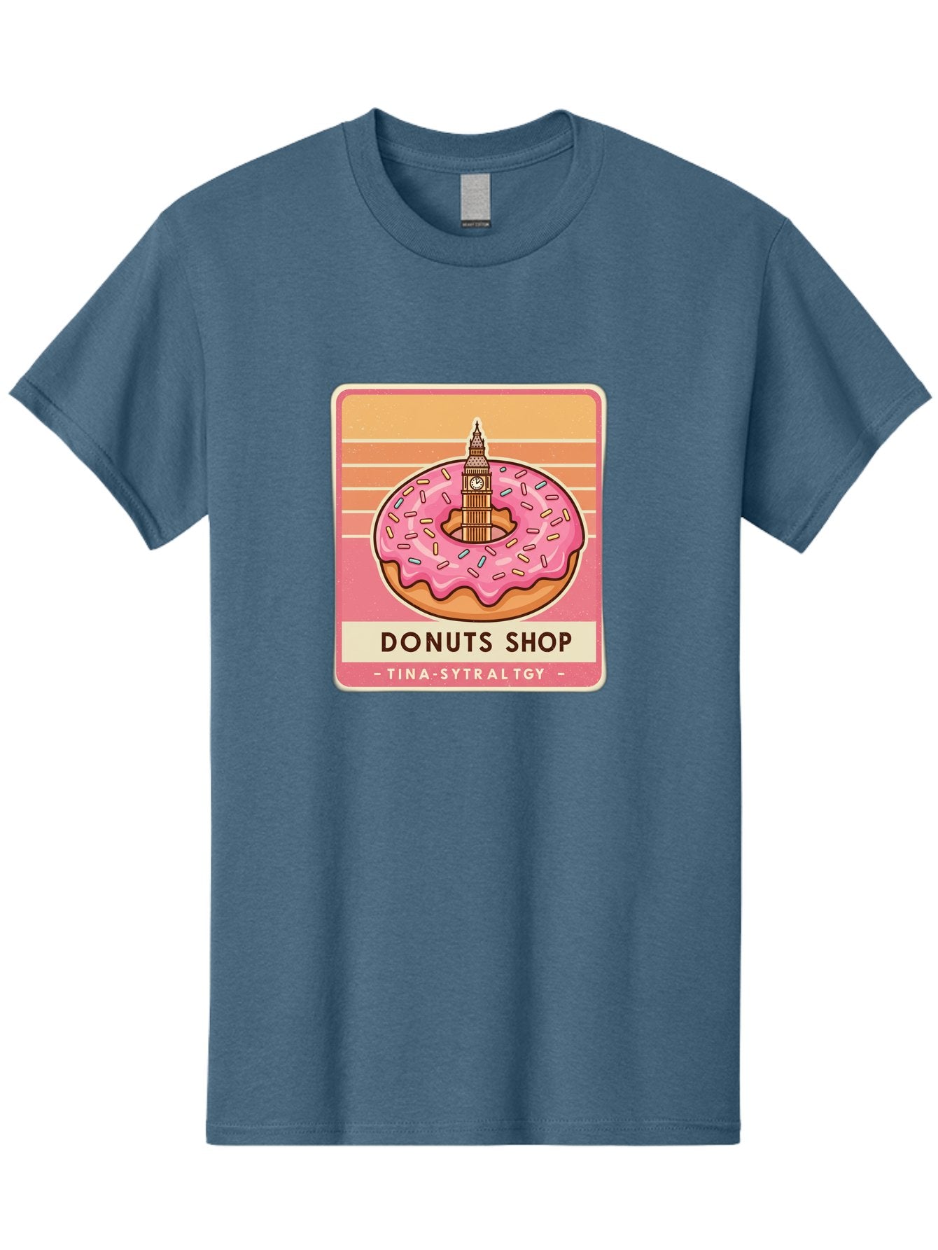 Donuts-Shop Men'S Graphic Tee, 100% Cotton, Comfortable Casual Summer Wear, Machine Washable, Pink Frosted Donut, Colorful Sprinkles, Big Ben On Donut, London Landmark, Sweet Treats, Donut Shop Sign, Tina-Sytraltgy Branding, Tasty Dessert, Baa530 13