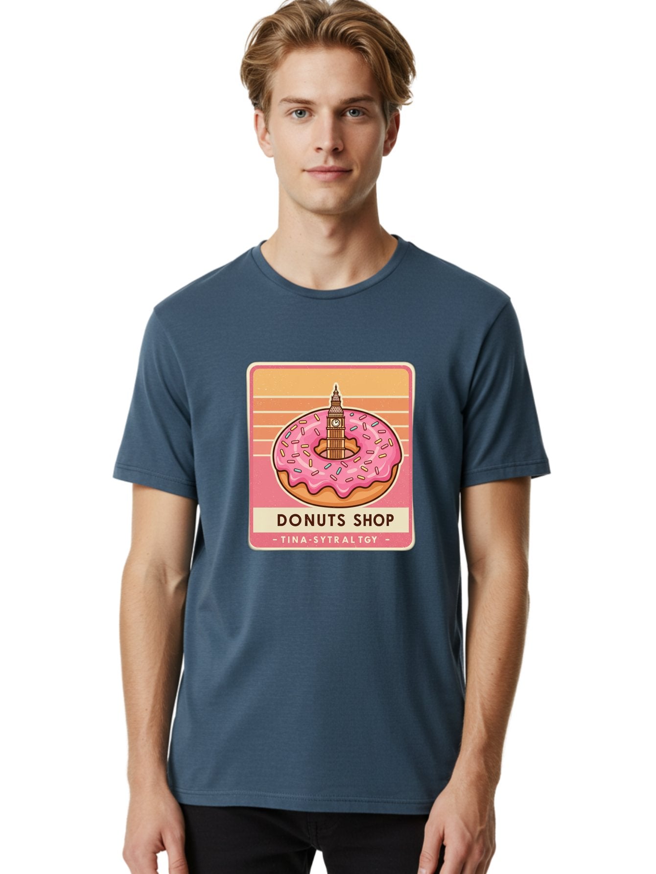 Donuts-Shop Men'S Graphic Tee, 100% Cotton, Comfortable Casual Summer Wear, Machine Washable, Pink Frosted Donut, Colorful Sprinkles, Big Ben On Donut, London Landmark, Sweet Treats, Donut Shop Sign, Tina-Sytraltgy Branding, Tasty Dessert, Baa530 20