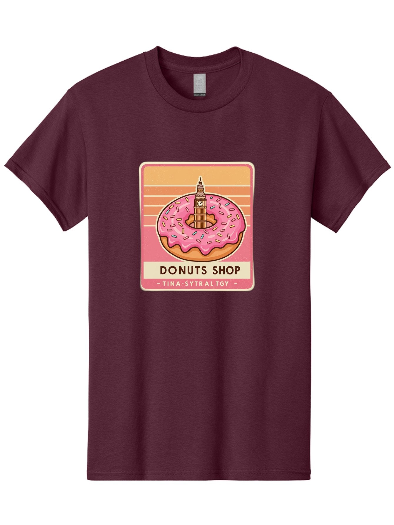 Donuts-Shop Men'S Graphic Tee, 100% Cotton, Comfortable Casual Summer Wear, Machine Washable, Pink Frosted Donut, Colorful Sprinkles, Big Ben On Donut, London Landmark, Sweet Treats, Donut Shop Sign, Tina-Sytraltgy Branding, Tasty Dessert, Baa530 12