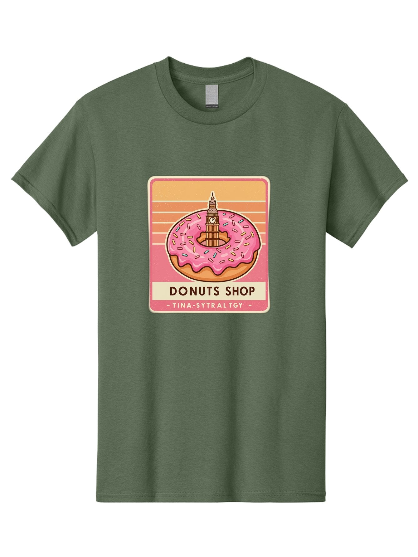 Donuts-Shop Men'S Graphic Tee, 100% Cotton, Comfortable Casual Summer Wear, Machine Washable, Pink Frosted Donut, Colorful Sprinkles, Big Ben On Donut, London Landmark, Sweet Treats, Donut Shop Sign, Tina-Sytraltgy Branding, Tasty Dessert, Baa530 9