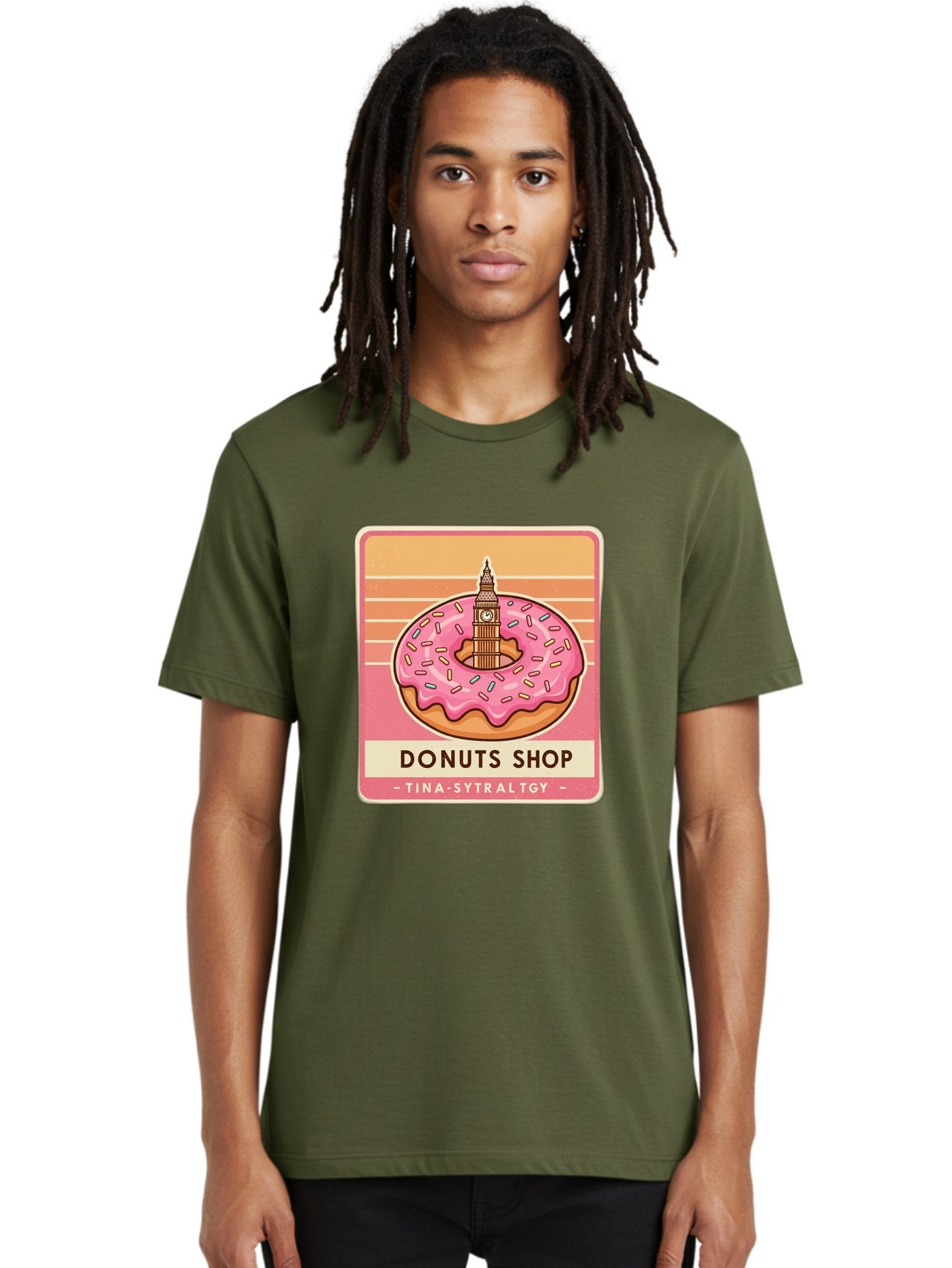 Donuts-Shop Men'S Graphic Tee, 100% Cotton, Comfortable Casual Summer Wear, Machine Washable, Pink Frosted Donut, Colorful Sprinkles, Big Ben On Donut, London Landmark, Sweet Treats, Donut Shop Sign, Tina-Sytraltgy Branding, Tasty Dessert, Baa530 26