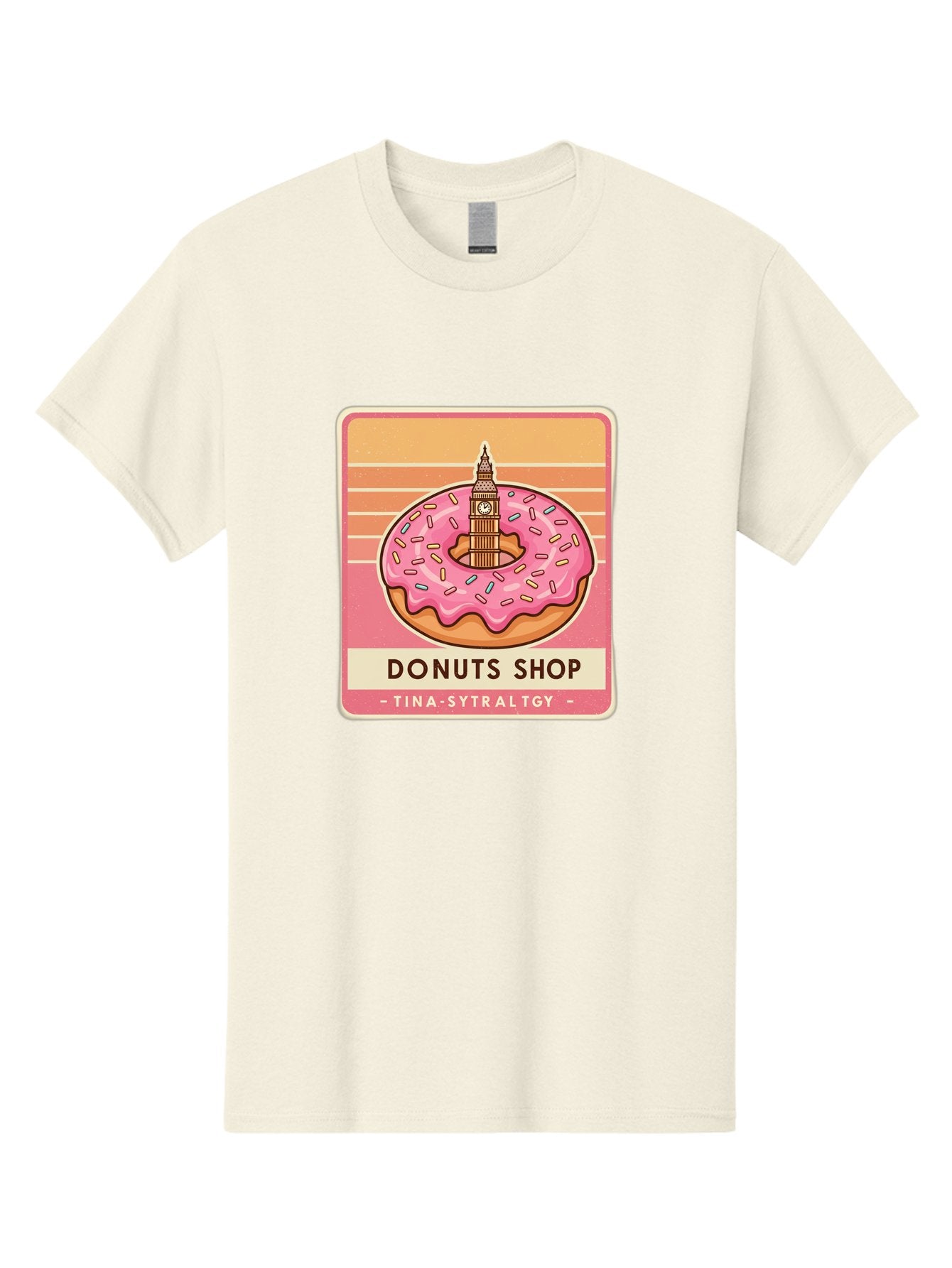 Donuts-Shop Men'S Graphic Tee, 100% Cotton, Comfortable Casual Summer Wear, Machine Washable, Pink Frosted Donut, Colorful Sprinkles, Big Ben On Donut, London Landmark, Sweet Treats, Donut Shop Sign, Tina-Sytraltgy Branding, Tasty Dessert, Baa530 15