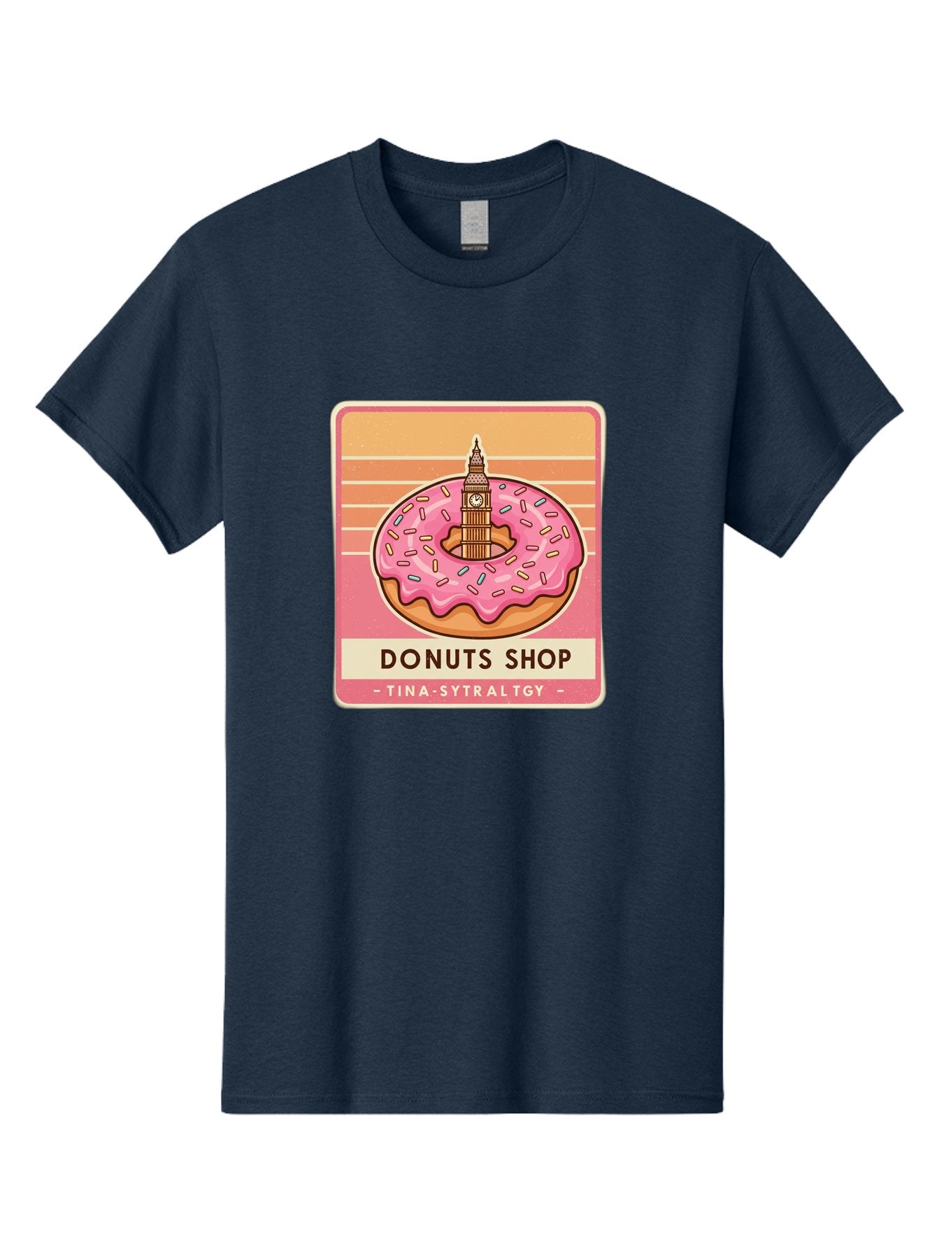 Donuts-Shop Men'S Graphic Tee, 100% Cotton, Comfortable Casual Summer Wear, Machine Washable, Pink Frosted Donut, Colorful Sprinkles, Big Ben On Donut, London Landmark, Sweet Treats, Donut Shop Sign, Tina-Sytraltgy Branding, Tasty Dessert, Baa530