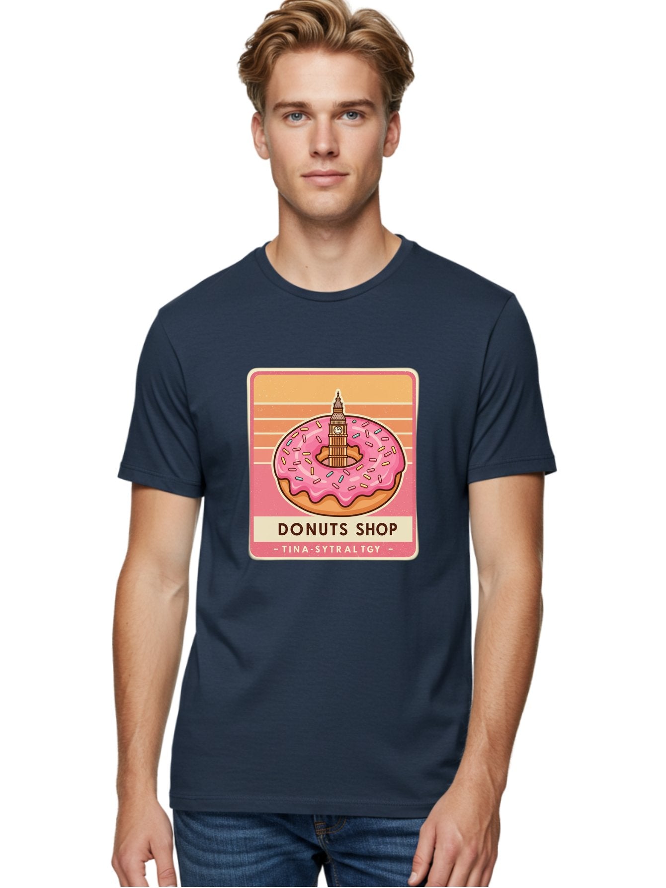 Donuts-Shop Men'S Graphic Tee, 100% Cotton, Comfortable Casual Summer Wear, Machine Washable, Pink Frosted Donut, Colorful Sprinkles, Big Ben On Donut, London Landmark, Sweet Treats, Donut Shop Sign, Tina-Sytraltgy Branding, Tasty Dessert, Baa530 21