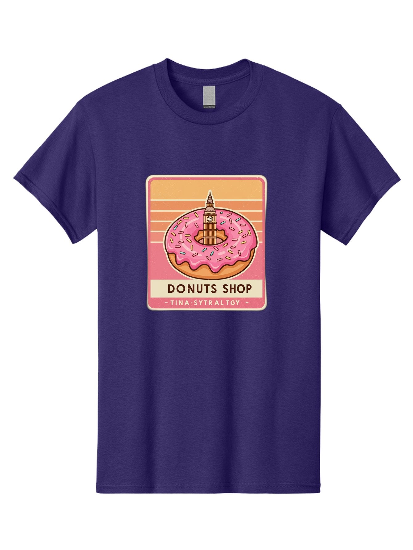 Donuts-Shop Men'S Graphic Tee, 100% Cotton, Comfortable Casual Summer Wear, Machine Washable, Pink Frosted Donut, Colorful Sprinkles, Big Ben On Donut, London Landmark, Sweet Treats, Donut Shop Sign, Tina-Sytraltgy Branding, Tasty Dessert, Baa530 10