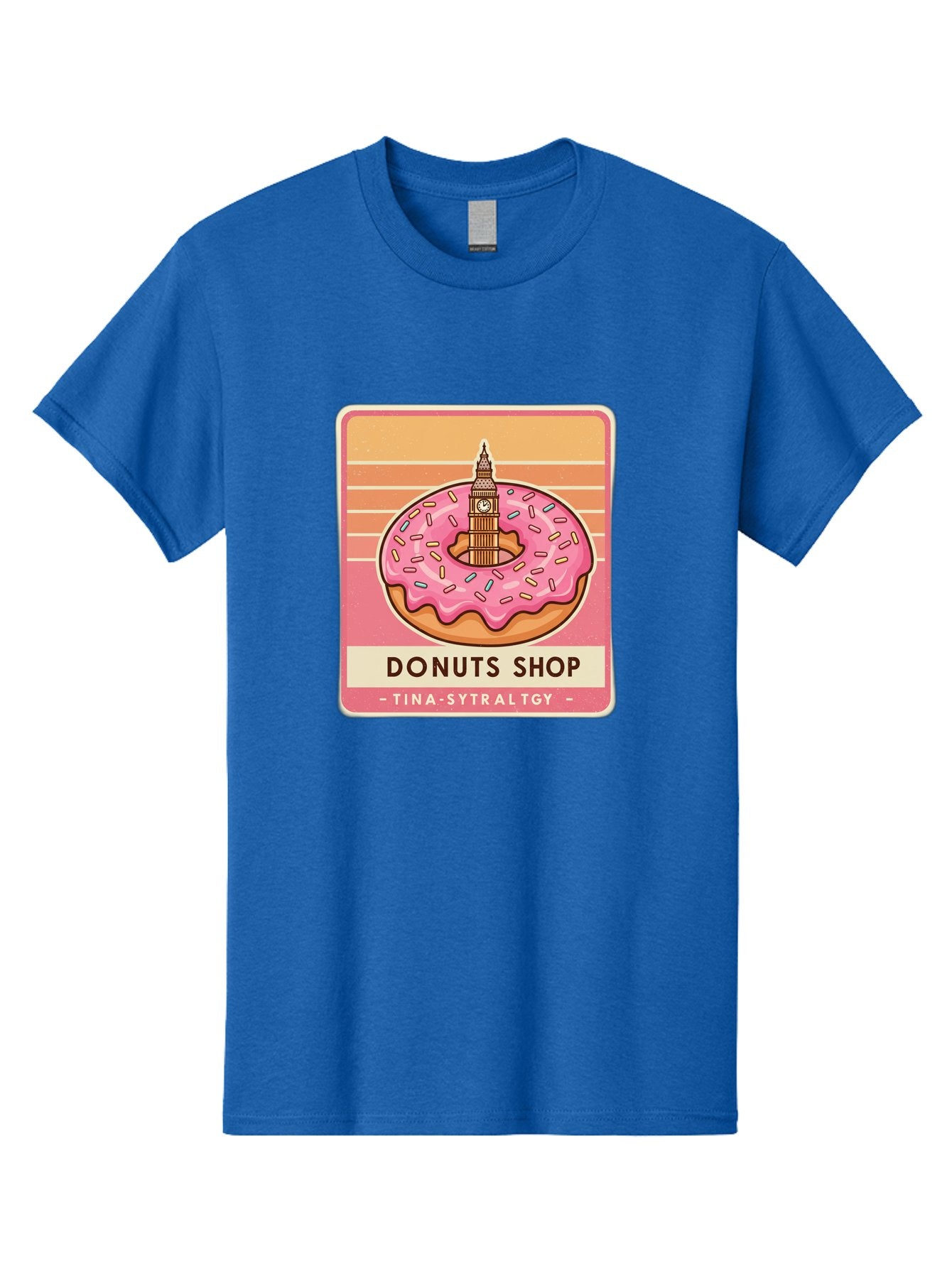 Donuts-Shop Men'S Graphic Tee, 100% Cotton, Comfortable Casual Summer Wear, Machine Washable, Pink Frosted Donut, Colorful Sprinkles, Big Ben On Donut, London Landmark, Sweet Treats, Donut Shop Sign, Tina-Sytraltgy Branding, Tasty Dessert, Baa530 4