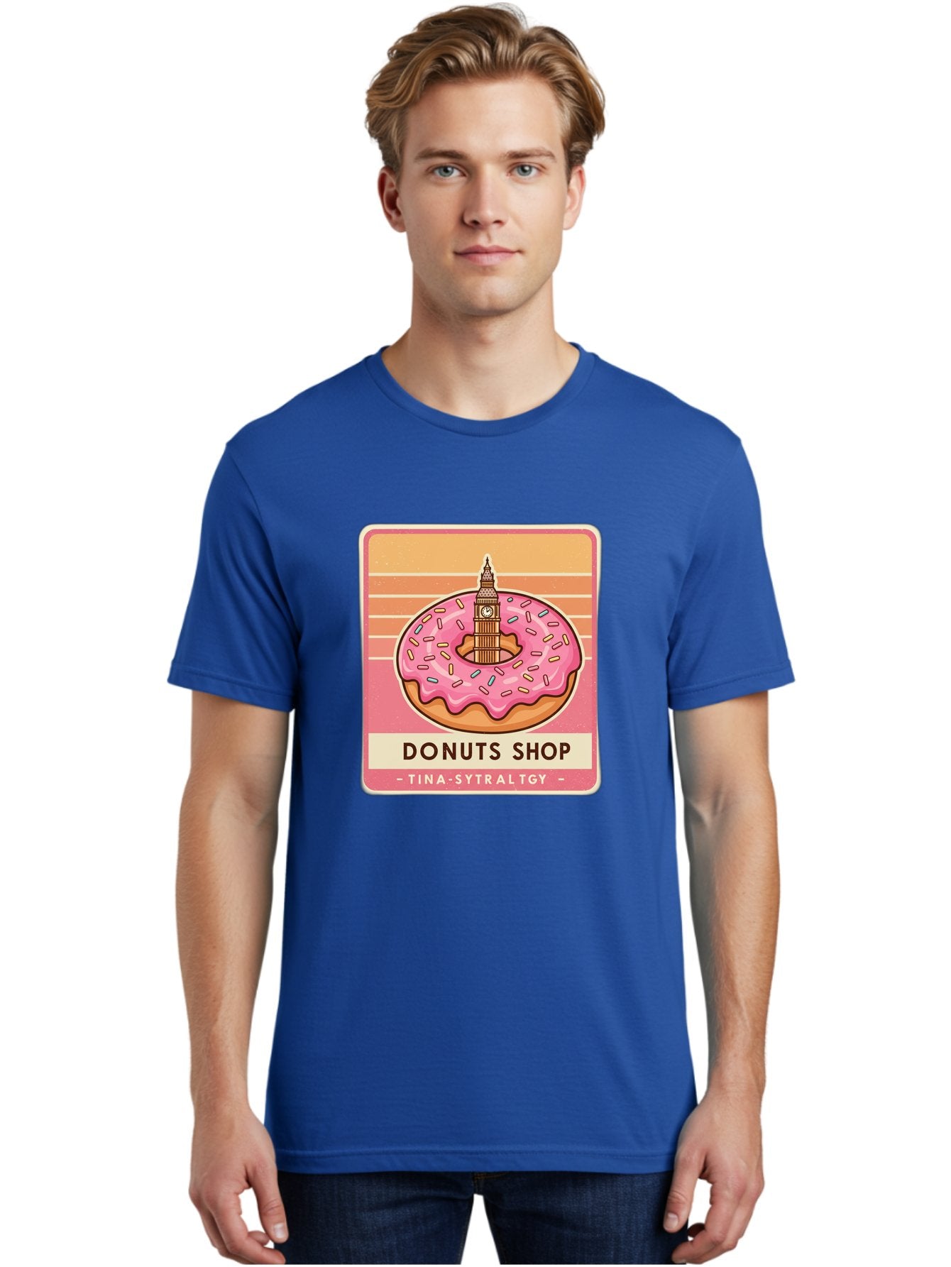 Donuts-Shop Men'S Graphic Tee, 100% Cotton, Comfortable Casual Summer Wear, Machine Washable, Pink Frosted Donut, Colorful Sprinkles, Big Ben On Donut, London Landmark, Sweet Treats, Donut Shop Sign, Tina-Sytraltgy Branding, Tasty Dessert, Baa530 18