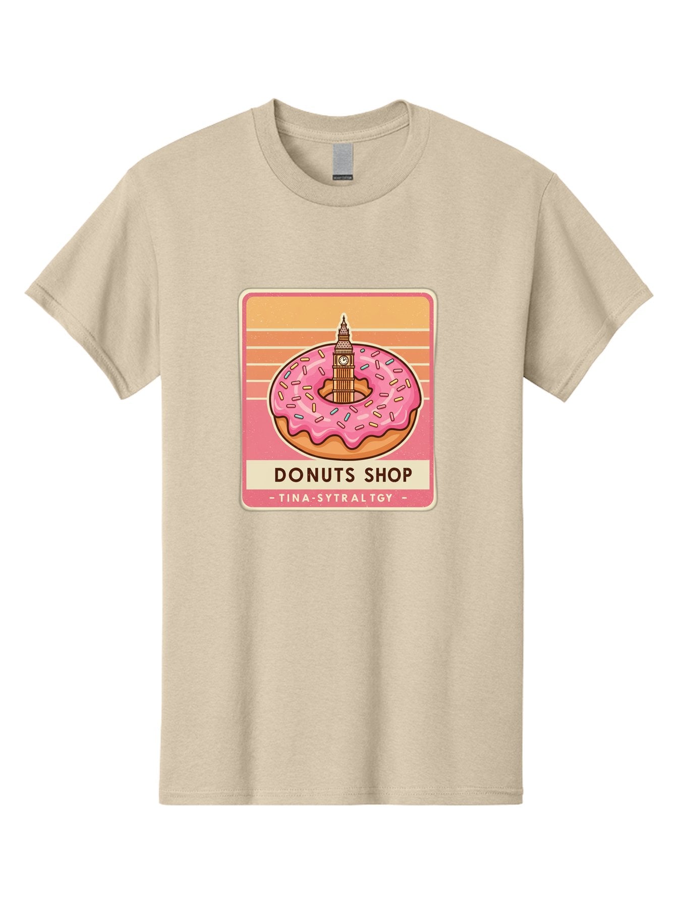 Donuts-Shop Men'S Graphic Tee, 100% Cotton, Comfortable Casual Summer Wear, Machine Washable, Pink Frosted Donut, Colorful Sprinkles, Big Ben On Donut, London Landmark, Sweet Treats, Donut Shop Sign, Tina-Sytraltgy Branding, Tasty Dessert, Baa530 14