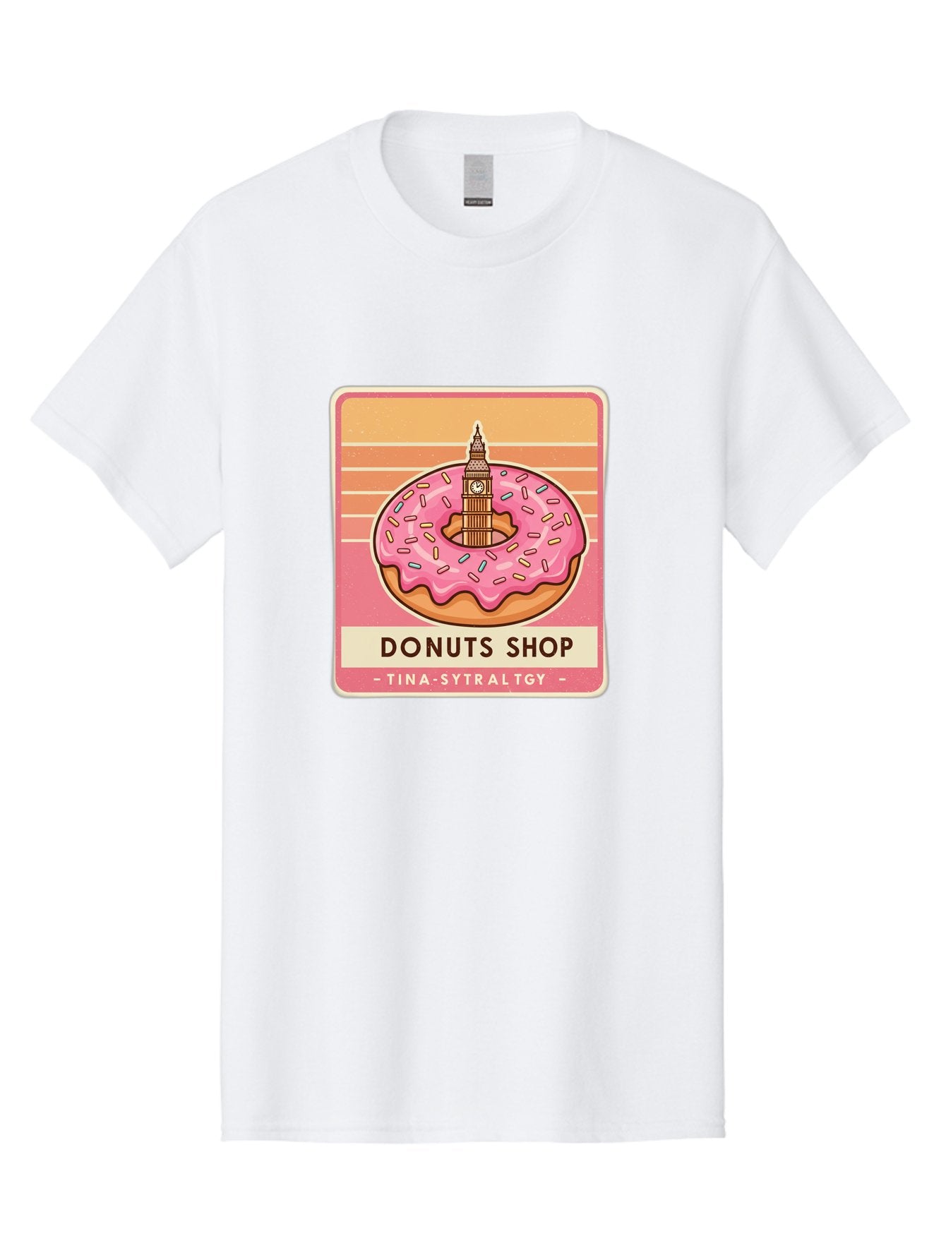 Donuts-Shop Men'S Graphic Tee, 100% Cotton, Comfortable Casual Summer Wear, Machine Washable, Pink Frosted Donut, Colorful Sprinkles, Big Ben On Donut, London Landmark, Sweet Treats, Donut Shop Sign, Tina-Sytraltgy Branding, Tasty Dessert, Baa530 3