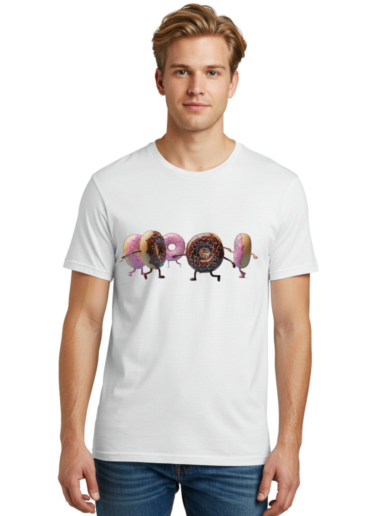 Donuts Men'S Graphic Tee, 100% Cotton, Comfortable Casual Summer Wear, Machine Washable, Donuts With Arms And Legs Running, Chocolate Frosted Donuts, Pink Frosted Donuts, Colorful Sprinkles, Fun Illustration, Sweet Treats, Dessert Graphics Baa531 20