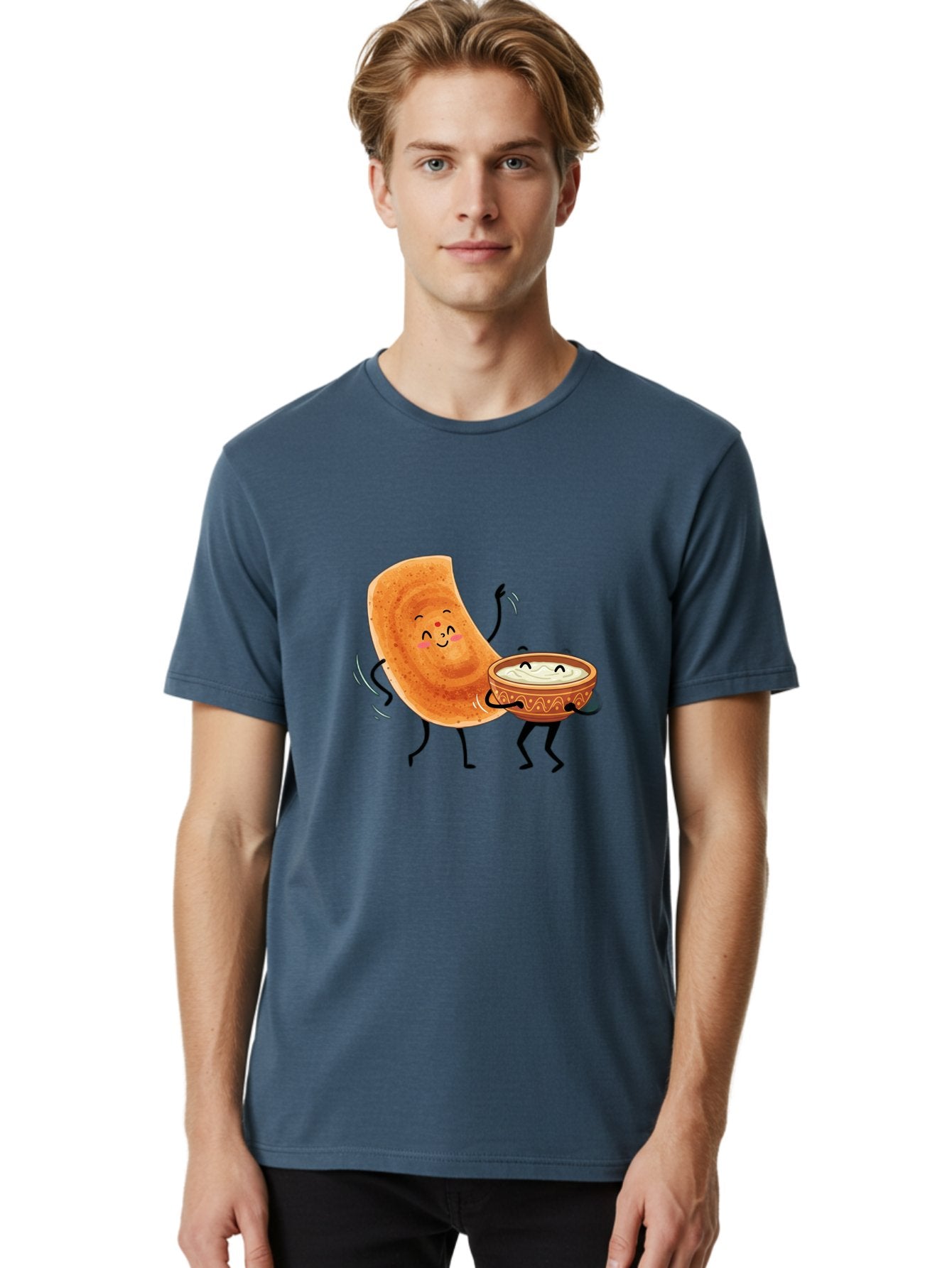 Dosa-And-Chutney Men'S Graphic Tee, 100% Cotton, Comfortable Casual Summer Wear, Machine Washable, Cartoon Papadum, Raita In Bowl, Smiling Faces, Happy Food, Indian Cuisine, Traditional Dish, Cartoon Characters, Funny Illustration, Baa534 24