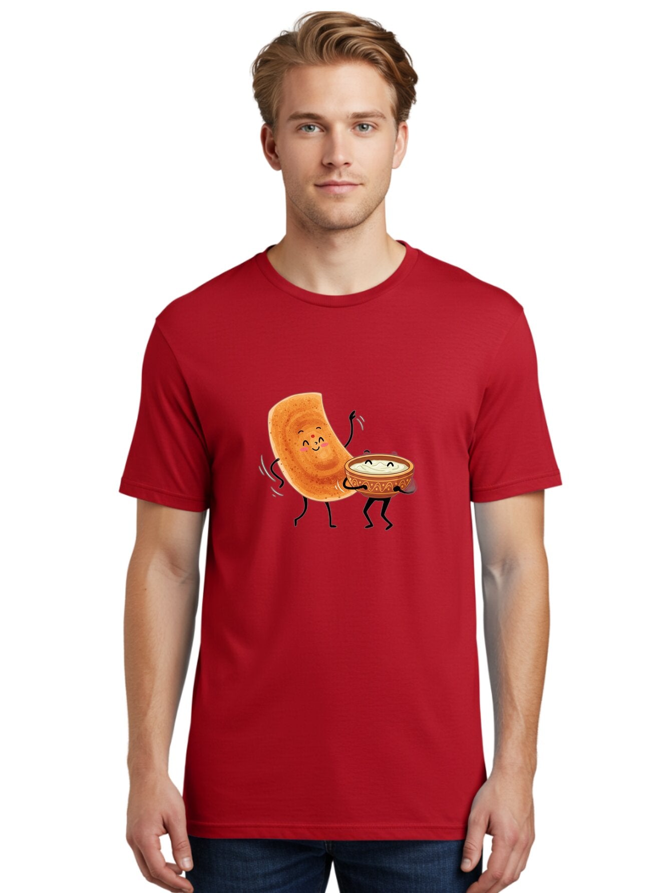 Dosa-And-Chutney Men'S Graphic Tee, 100% Cotton, Comfortable Casual Summer Wear, Machine Washable, Cartoon Papadum, Raita In Bowl, Smiling Faces, Happy Food, Indian Cuisine, Traditional Dish, Cartoon Characters, Funny Illustration, Baa534 26