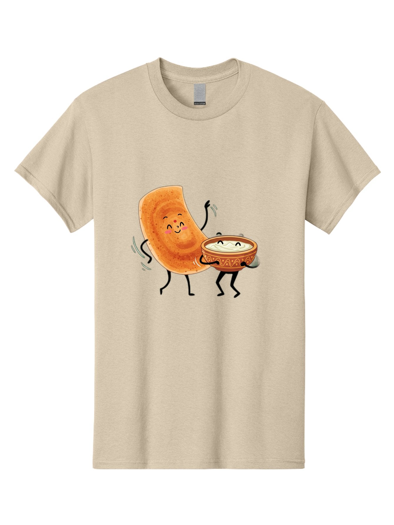 Dosa-And-Chutney Men'S Graphic Tee, 100% Cotton, Comfortable Casual Summer Wear, Machine Washable, Cartoon Papadum, Raita In Bowl, Smiling Faces, Happy Food, Indian Cuisine, Traditional Dish, Cartoon Characters, Funny Illustration, Baa534 12