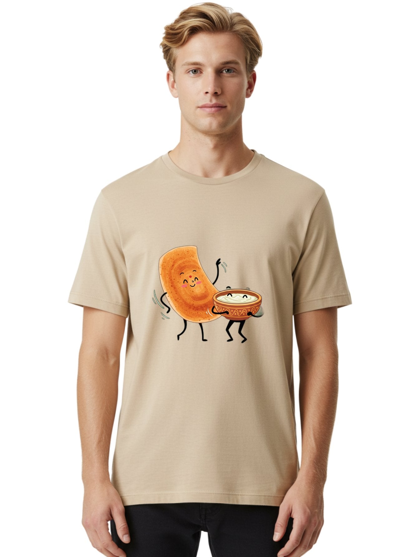 Dosa-And-Chutney Men'S Graphic Tee, 100% Cotton, Comfortable Casual Summer Wear, Machine Washable, Cartoon Papadum, Raita In Bowl, Smiling Faces, Happy Food, Indian Cuisine, Traditional Dish, Cartoon Characters, Funny Illustration, Baa534 28