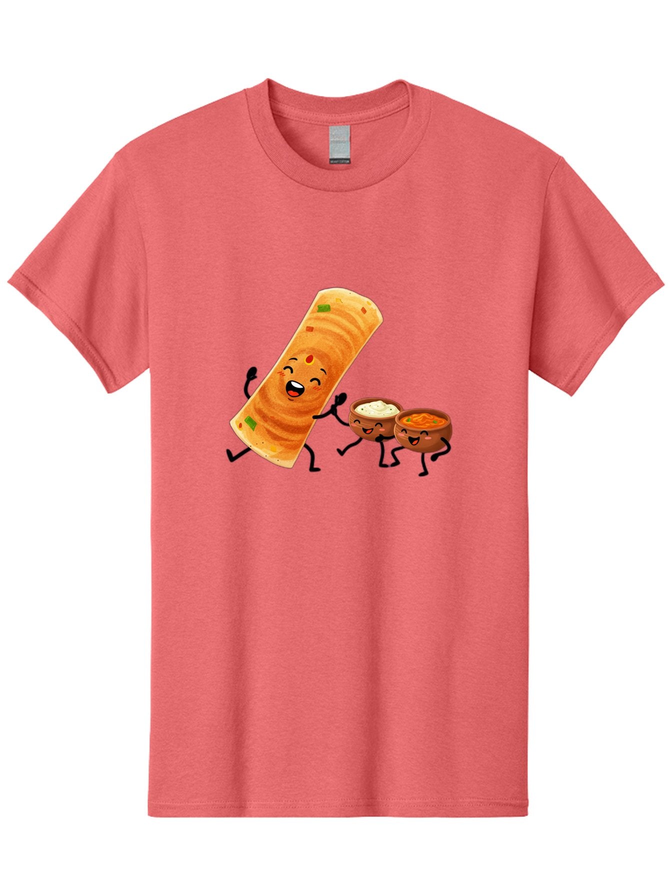 Dosa-And-Dipping-Sauces Men'S Graphic Tee, 100% Cotton, Comfortable Casual Summer Wear, Machine Washable, Indian Food, Wrap And Dips, Curry And Raita, Cartoon Characters, Playful Illustration, Vibrant Colors, Happy Faces, Foodie Fun Baa535 9