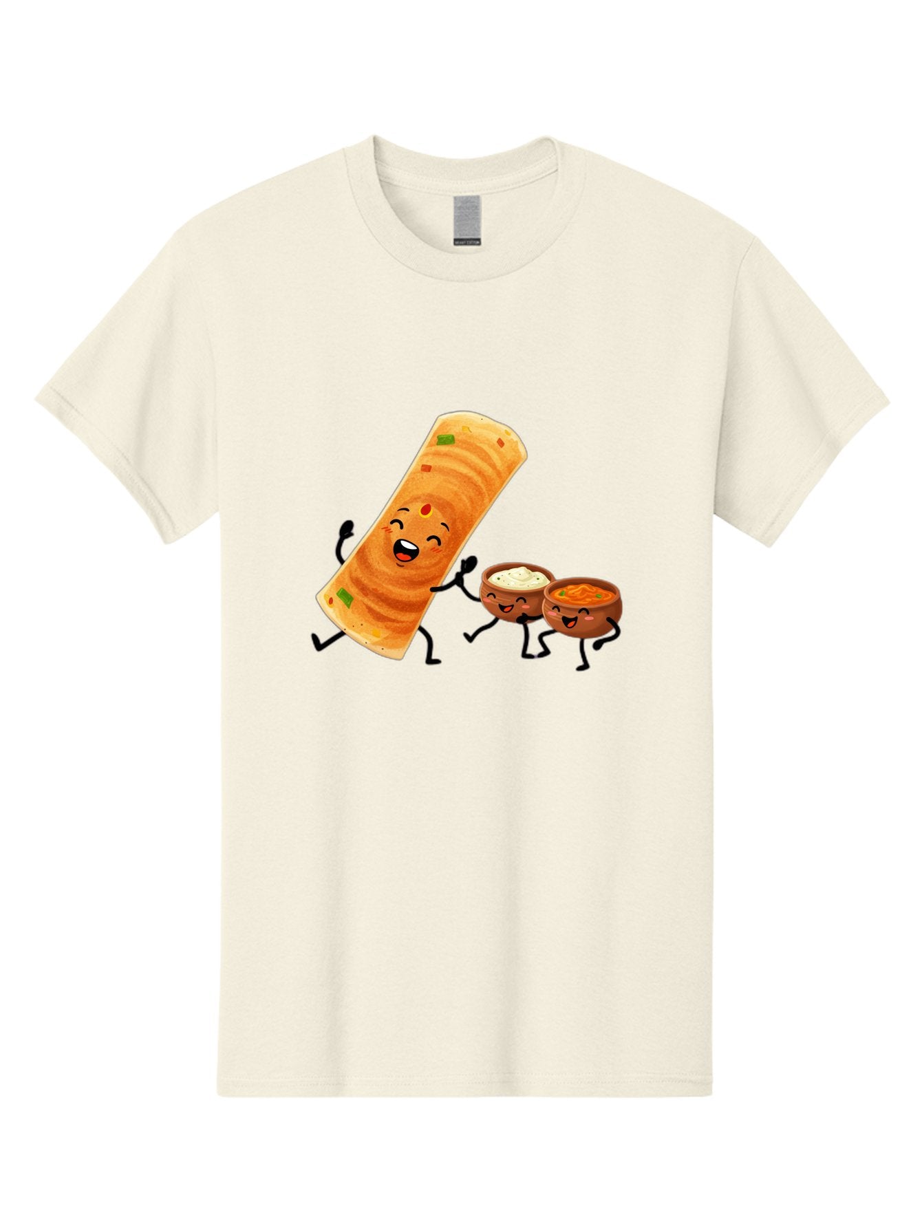 Dosa-And-Dipping-Sauces Men'S Graphic Tee, 100% Cotton, Comfortable Casual Summer Wear, Machine Washable, Indian Food, Wrap And Dips, Curry And Raita, Cartoon Characters, Playful Illustration, Vibrant Colors, Happy Faces, Foodie Fun Baa535 4