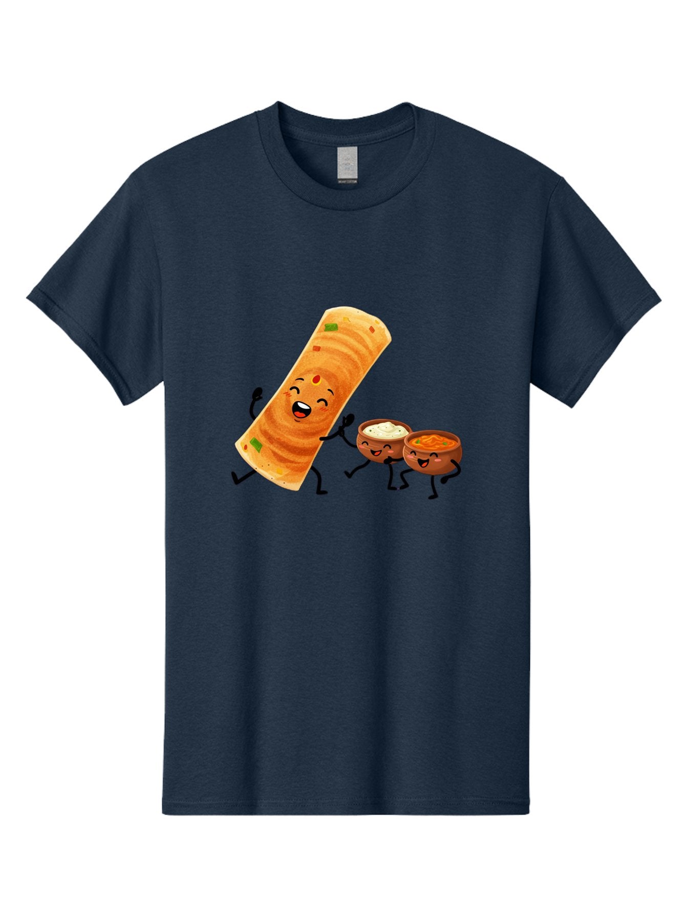 Dosa-And-Dipping-Sauces Men'S Graphic Tee, 100% Cotton, Comfortable Casual Summer Wear, Machine Washable, Indian Food, Wrap And Dips, Curry And Raita, Cartoon Characters, Playful Illustration, Vibrant Colors, Happy Faces, Foodie Fun Baa535 15