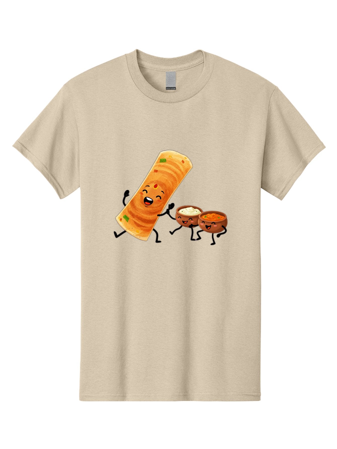 Dosa-And-Dipping-Sauces Men'S Graphic Tee, 100% Cotton, Comfortable Casual Summer Wear, Machine Washable, Indian Food, Wrap And Dips, Curry And Raita, Cartoon Characters, Playful Illustration, Vibrant Colors, Happy Faces, Foodie Fun Baa535 8