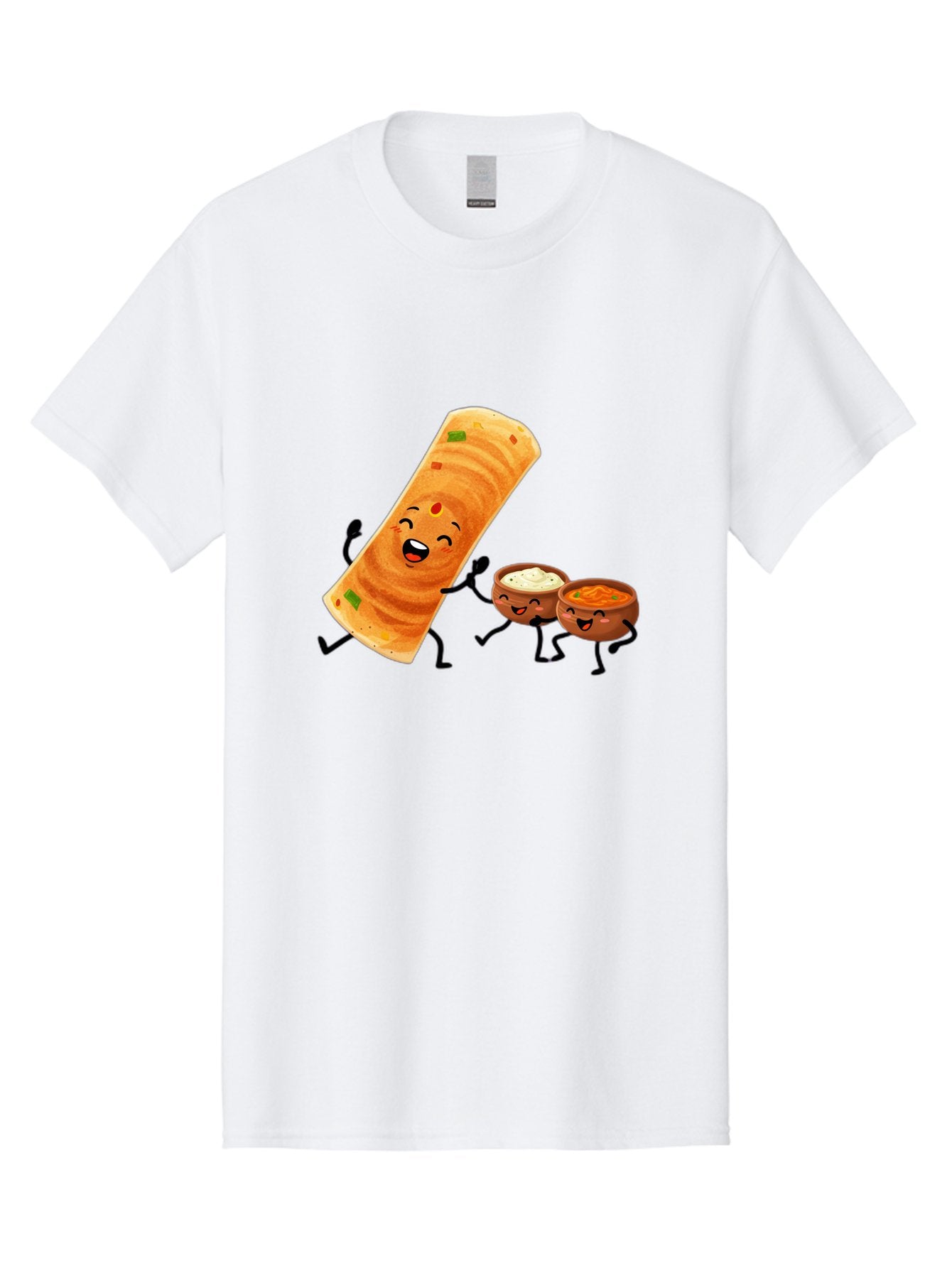 Dosa-And-Dipping-Sauces Men'S Graphic Tee, 100% Cotton, Comfortable Casual Summer Wear, Machine Washable, Indian Food, Wrap And Dips, Curry And Raita, Cartoon Characters, Playful Illustration, Vibrant Colors, Happy Faces, Foodie Fun Baa535 12