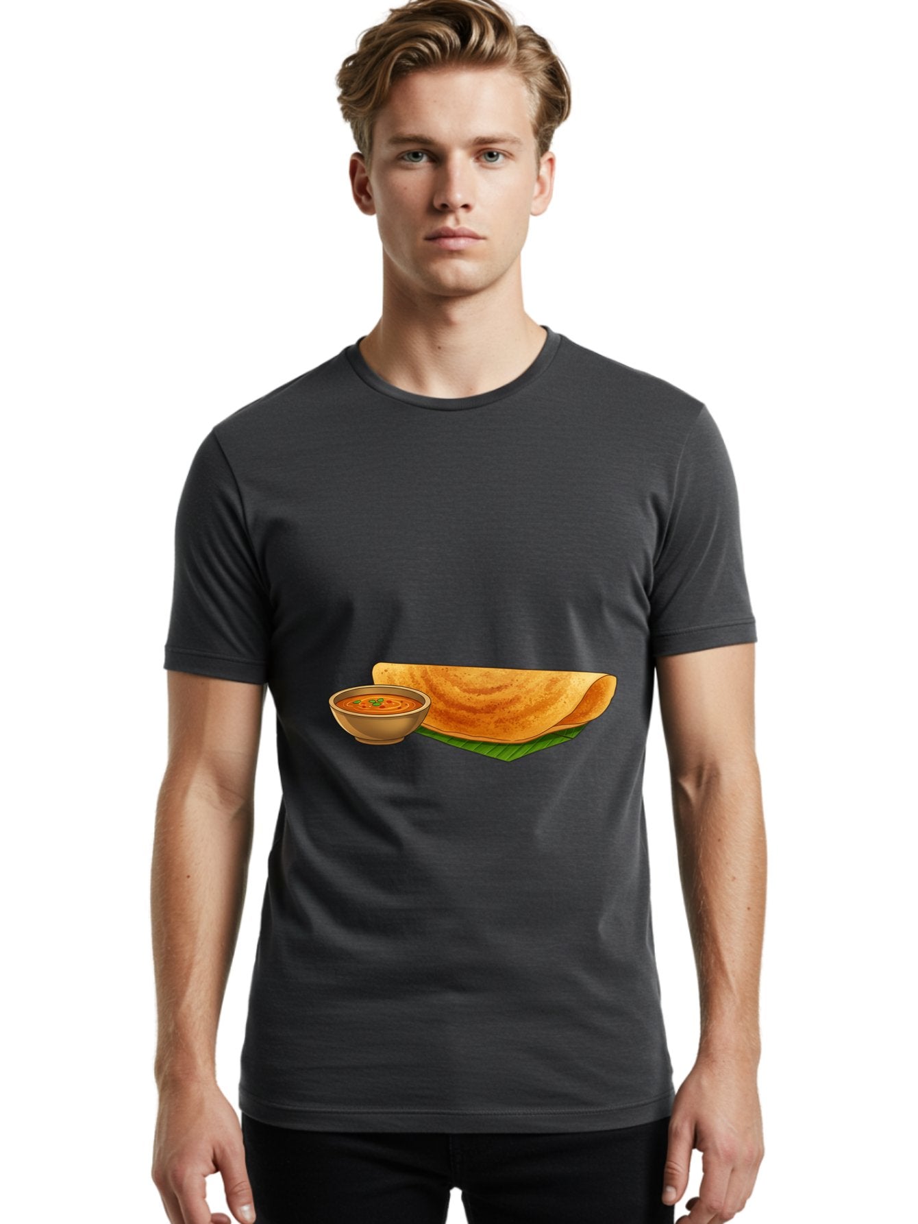Dosa-And-Sambar Men'S Graphic Tee, 100% Cotton, Comfortable Casual Summer Wear, Machine Washable, South Indian Cuisine, Dosa With Sambhar, Indian Breakfast, Fermented Crepe, Spicy Sambhar, Traditional Indian Dish, Food Illustration, Baa536 21