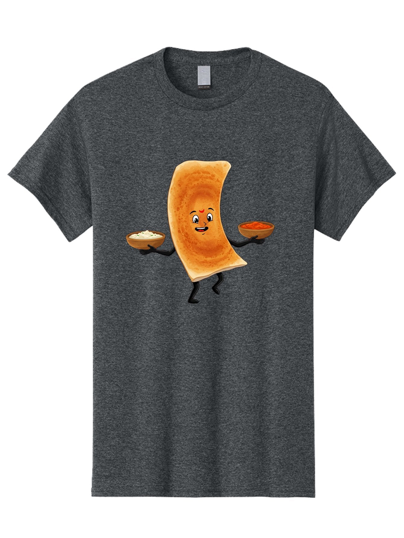 Dosa-Character Men'S Graphic Tee, 100% Cotton, Comfortable Casual Summer Wear, Machine Washable, Cartoon Chapati, Indian Flatbread, Smiling Face, Bowls Of Chutney And Raita, Black Arms And Legs, Happy Expression, Traditional Cuisine, Baa538 14