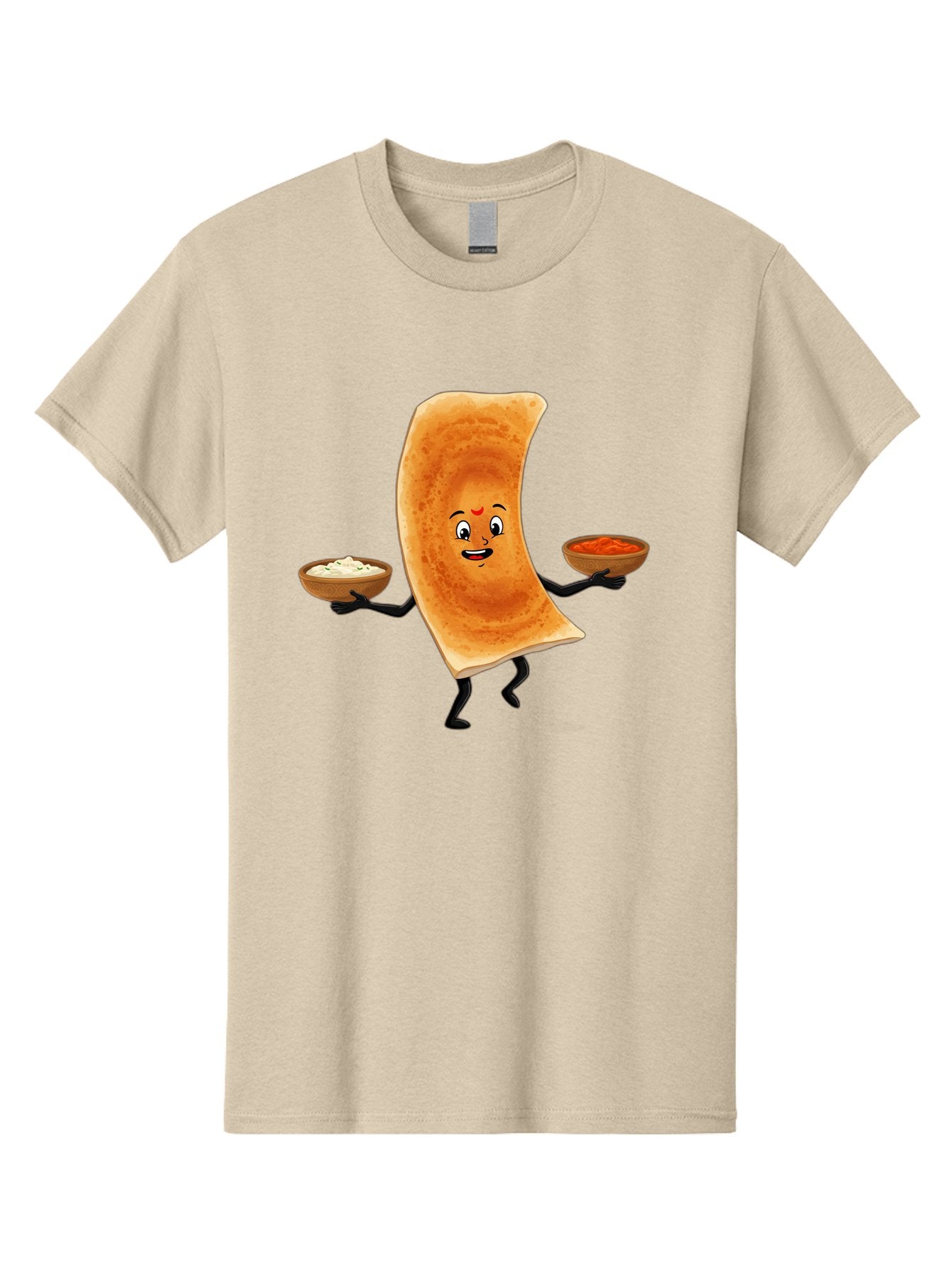 Dosa-Character Men'S Graphic Tee, 100% Cotton, Comfortable Casual Summer Wear, Machine Washable, Cartoon Chapati, Indian Flatbread, Smiling Face, Bowls Of Chutney And Raita, Black Arms And Legs, Happy Expression, Traditional Cuisine, Baa538 3