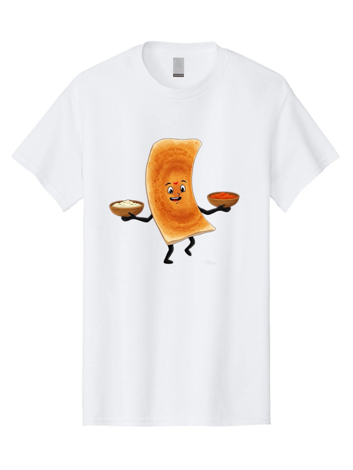 Dosa-Character Men'S Graphic Tee, 100% Cotton, Comfortable Casual Summer Wear, Machine Washable, Cartoon Chapati, Indian Flatbread, Smiling Face, Bowls Of Chutney And Raita, Black Arms And Legs, Happy Expression, Traditional Cuisine, Baa538 6