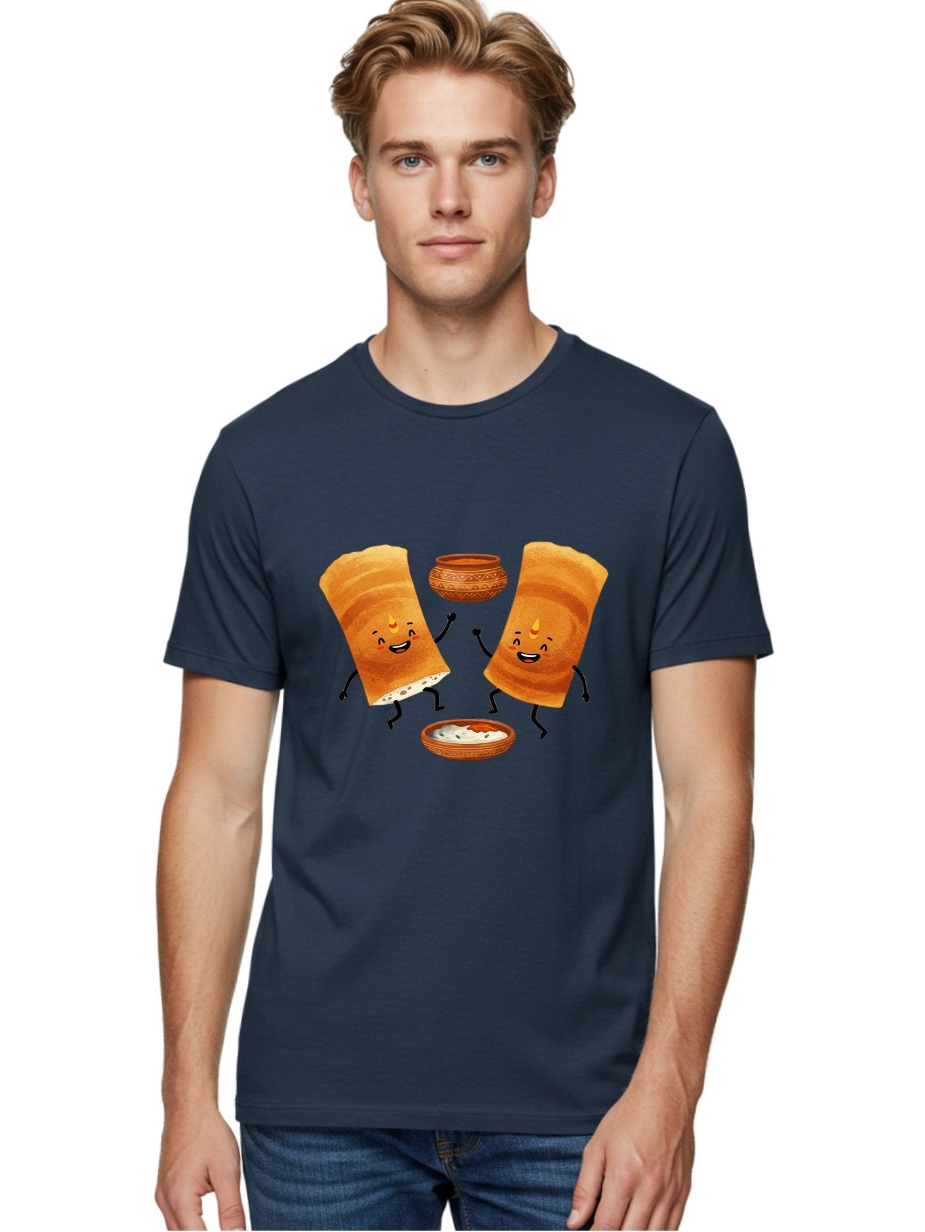 Dosa-Characters Men'S Graphic Tee, 100% Cotton, Comfortable Casual Summer Wear, Machine Washable, Cartoon Dosa Characters, Dancing Dosas, Sambar, Chutney, Indian Food, Dosa Dance, Funny Dosas, Animated Dosas, Indian Cuisine, Dosa Fun Baa539 24