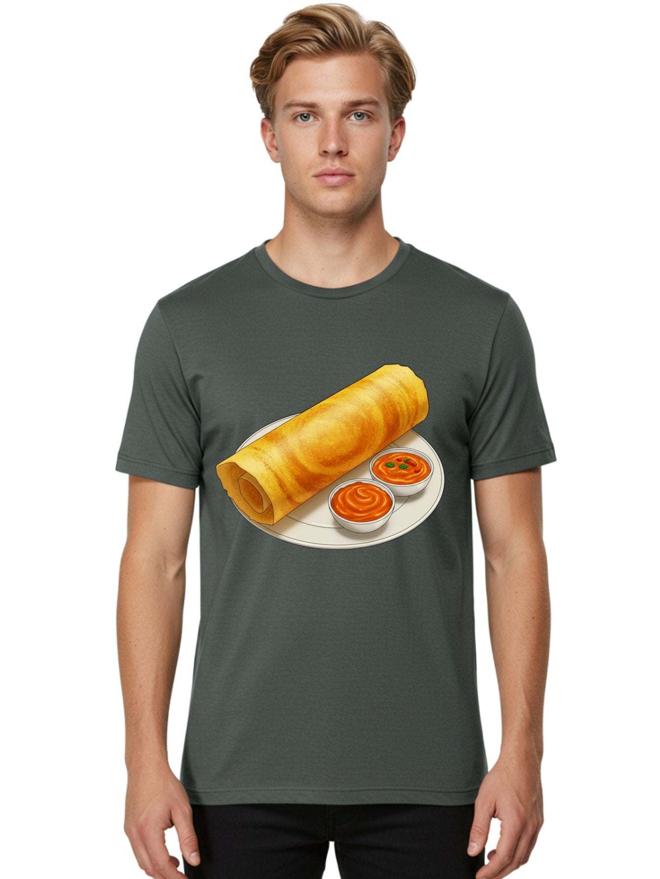 Dosa-With-Chutney Men'S Graphic Tee, 100% Cotton, Comfortable Casual Summer Wear, Machine Washable, Masala Dosa, South Indian Cuisine, Crepe, Spicy Chutney, Savory Dish, Indian Food, Traditional Breakfast, Delicious Meal, Food Illustration, Baa544 21
