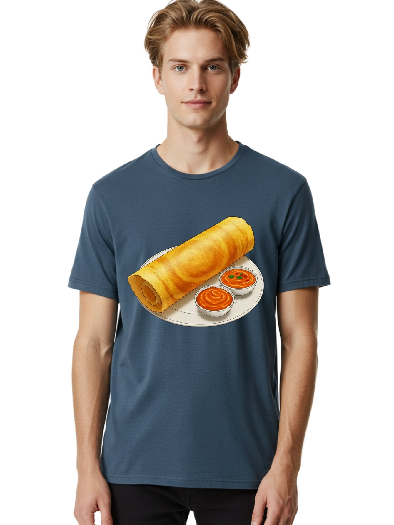 Dosa-With-Chutney Men'S Graphic Tee, 100% Cotton, Comfortable Casual Summer Wear, Machine Washable, Masala Dosa, South Indian Cuisine, Crepe, Spicy Chutney, Savory Dish, Indian Food, Traditional Breakfast, Delicious Meal, Food Illustration, Baa544 22