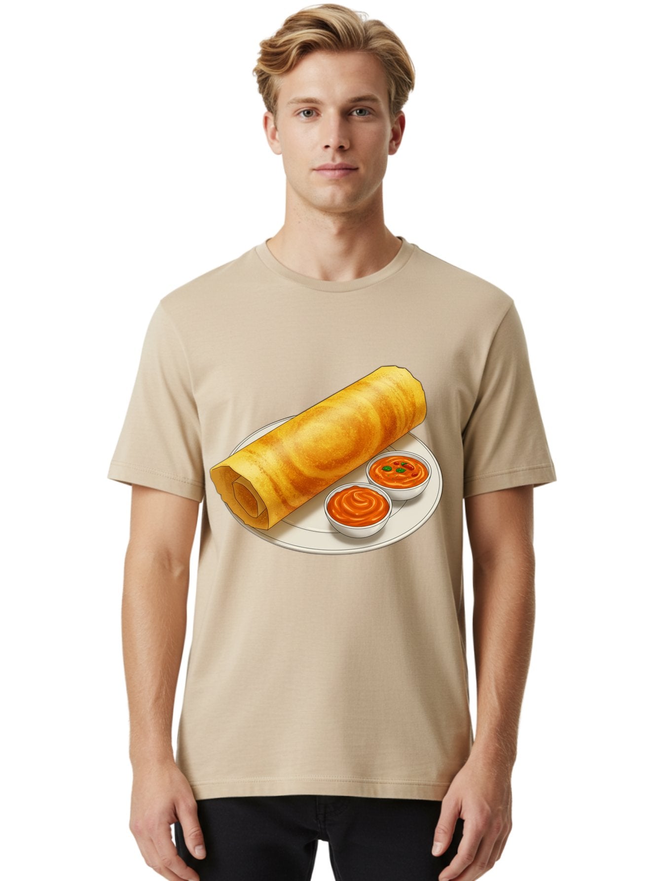 Dosa-With-Chutney Men'S Graphic Tee, 100% Cotton, Comfortable Casual Summer Wear, Machine Washable, Masala Dosa, South Indian Cuisine, Crepe, Spicy Chutney, Savory Dish, Indian Food, Traditional Breakfast, Delicious Meal, Food Illustration, Baa544 17