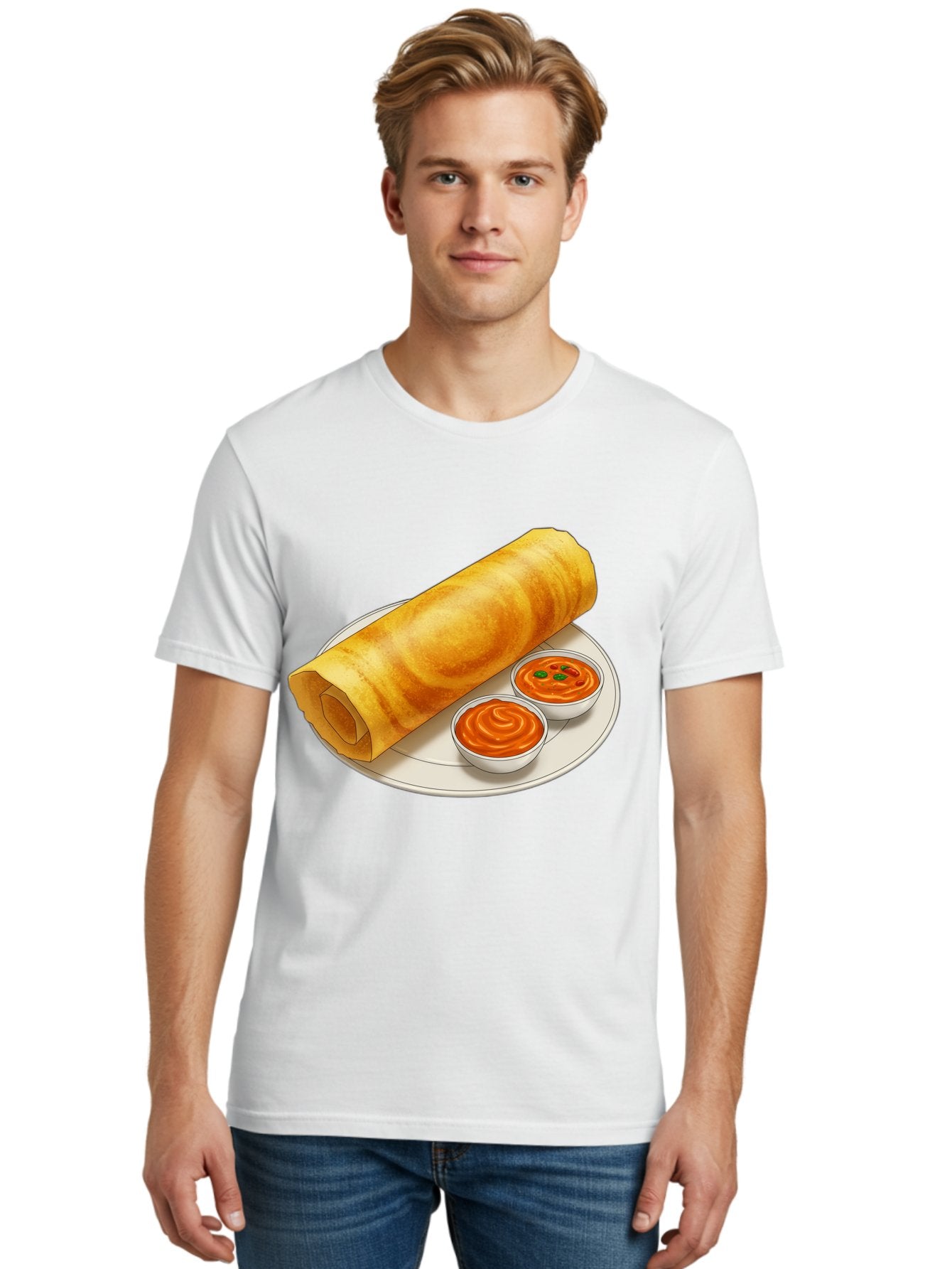 Dosa-With-Chutney Men'S Graphic Tee, 100% Cotton, Comfortable Casual Summer Wear, Machine Washable, Masala Dosa, South Indian Cuisine, Crepe, Spicy Chutney, Savory Dish, Indian Food, Traditional Breakfast, Delicious Meal, Food Illustration, Baa544 18