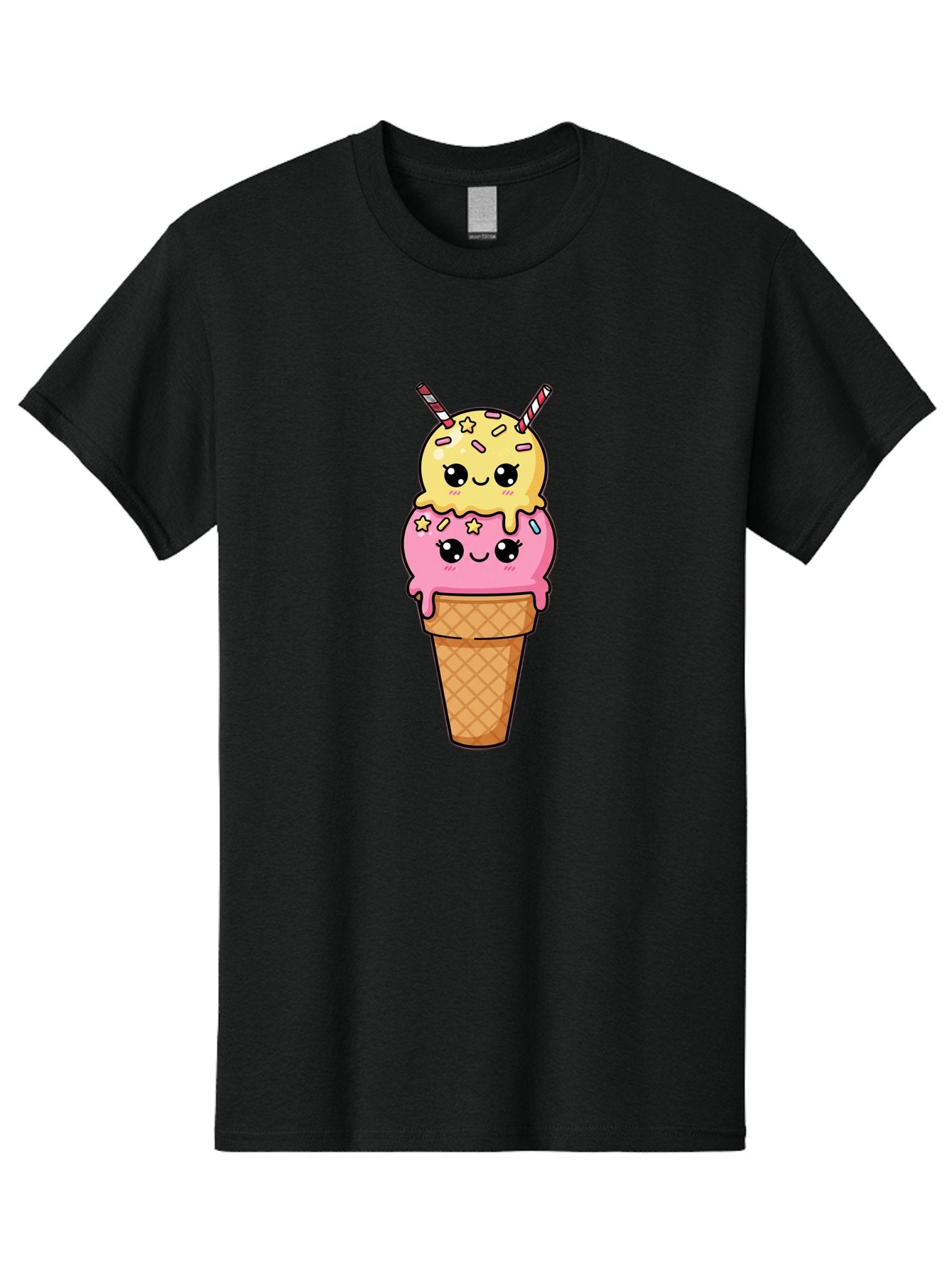 Double-Scoop-Ice-Cream-1 Men'S Graphic Tee, 100% Cotton, Comfortable Casual Summer Wear, Machine Washable, Two-Scoop Ice Cream, Melting Ice Cream, Pastel Colors, Cute Illustration, Pink And Yellow Scoops, Waffle Cone, Cartoon Style, Baa546 13