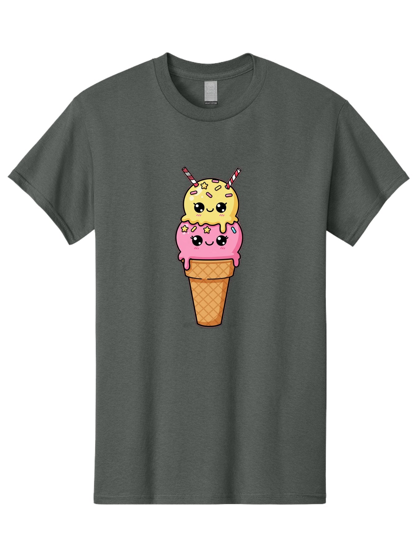 Double-Scoop-Ice-Cream-1 Men'S Graphic Tee, 100% Cotton, Comfortable Casual Summer Wear, Machine Washable, Two-Scoop Ice Cream, Melting Ice Cream, Pastel Colors, Cute Illustration, Pink And Yellow Scoops, Waffle Cone, Cartoon Style, Baa546 8