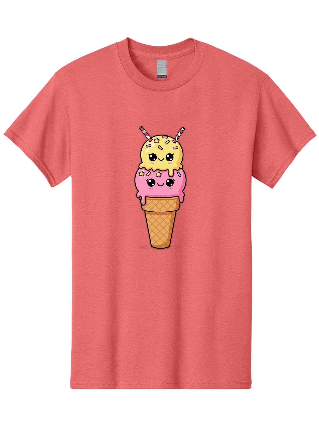 Double-Scoop-Ice-Cream-1 Men'S Graphic Tee, 100% Cotton, Comfortable Casual Summer Wear, Machine Washable, Two-Scoop Ice Cream, Melting Ice Cream, Pastel Colors, Cute Illustration, Pink And Yellow Scoops, Waffle Cone, Cartoon Style, Baa546 9