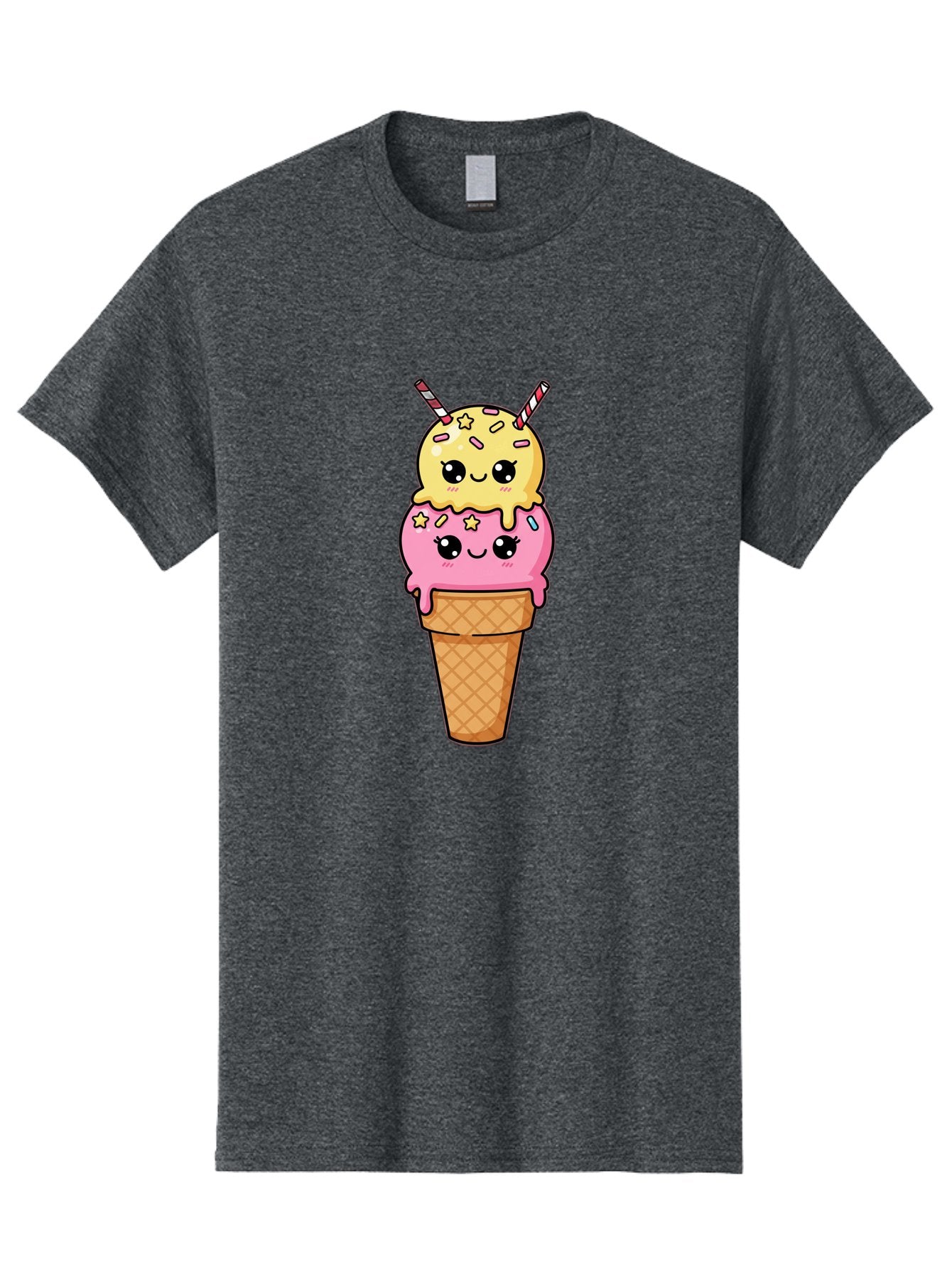 Double-Scoop-Ice-Cream-1 Men'S Graphic Tee, 100% Cotton, Comfortable Casual Summer Wear, Machine Washable, Two-Scoop Ice Cream, Melting Ice Cream, Pastel Colors, Cute Illustration, Pink And Yellow Scoops, Waffle Cone, Cartoon Style, Baa546