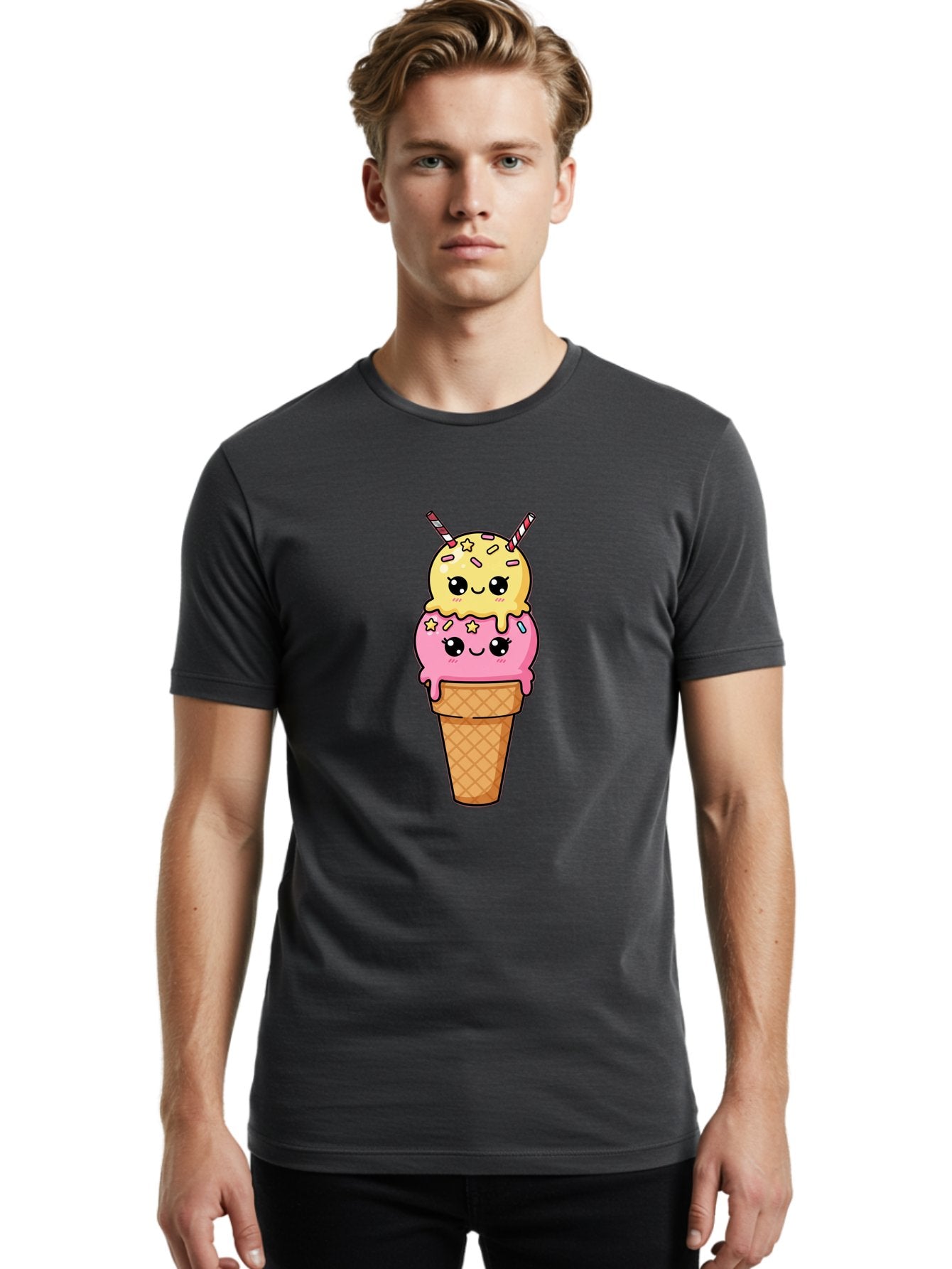 Double-Scoop-Ice-Cream-1 Men'S Graphic Tee, 100% Cotton, Comfortable Casual Summer Wear, Machine Washable, Two-Scoop Ice Cream, Melting Ice Cream, Pastel Colors, Cute Illustration, Pink And Yellow Scoops, Waffle Cone, Cartoon Style, Baa546 21