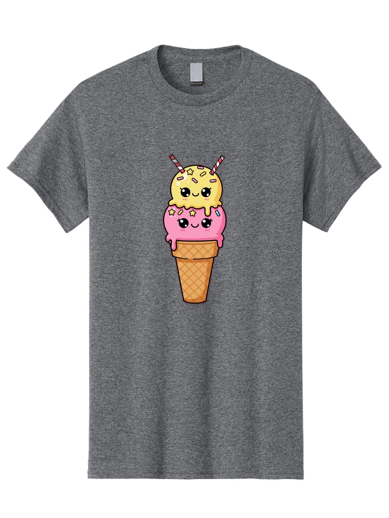 Double-Scoop-Ice-Cream-1 Men'S Graphic Tee, 100% Cotton, Comfortable Casual Summer Wear, Machine Washable, Two-Scoop Ice Cream, Melting Ice Cream, Pastel Colors, Cute Illustration, Pink And Yellow Scoops, Waffle Cone, Cartoon Style, Baa546 10