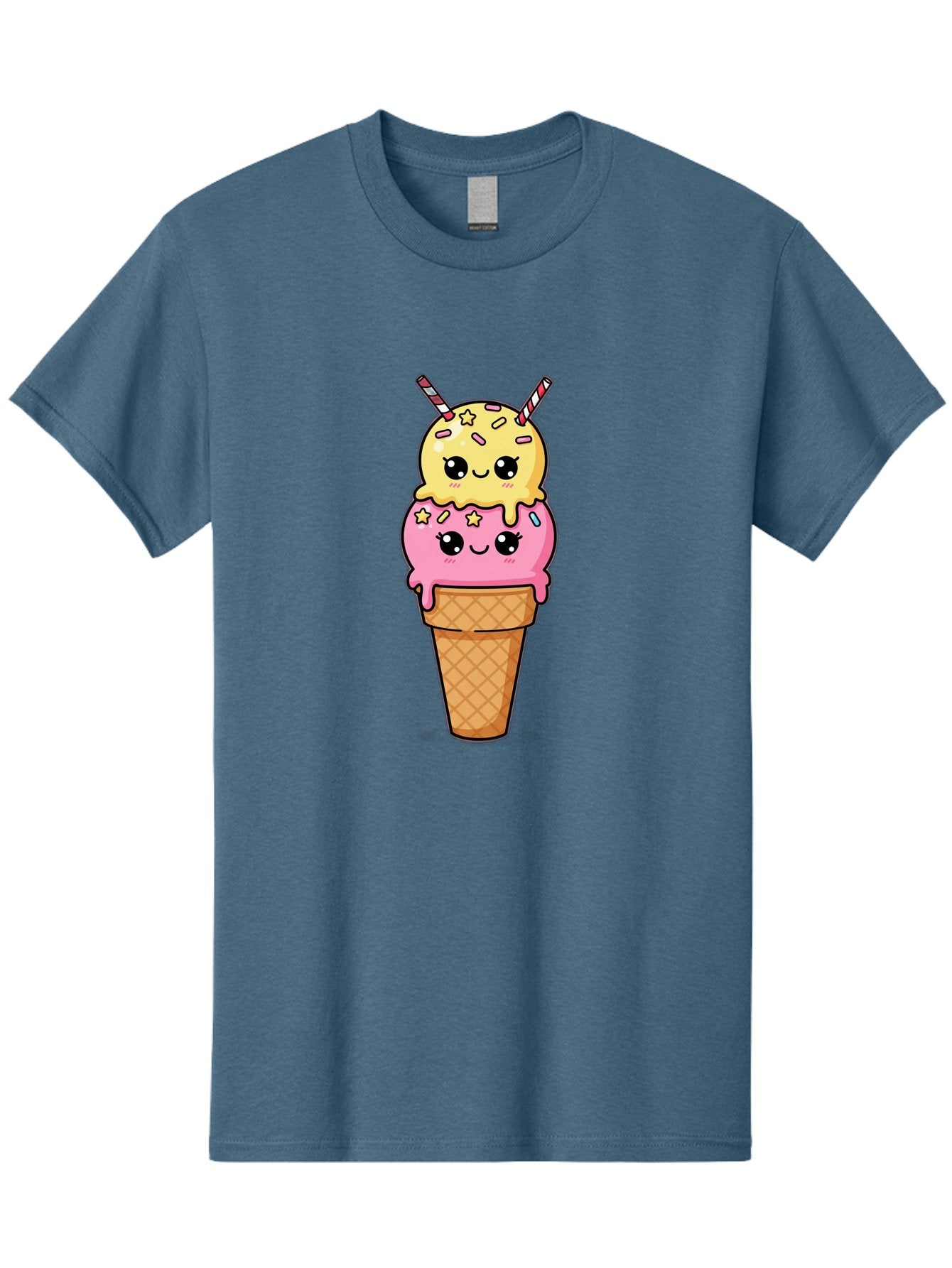 Double-Scoop-Ice-Cream-1 Men'S Graphic Tee, 100% Cotton, Comfortable Casual Summer Wear, Machine Washable, Two-Scoop Ice Cream, Melting Ice Cream, Pastel Colors, Cute Illustration, Pink And Yellow Scoops, Waffle Cone, Cartoon Style, Baa546 5