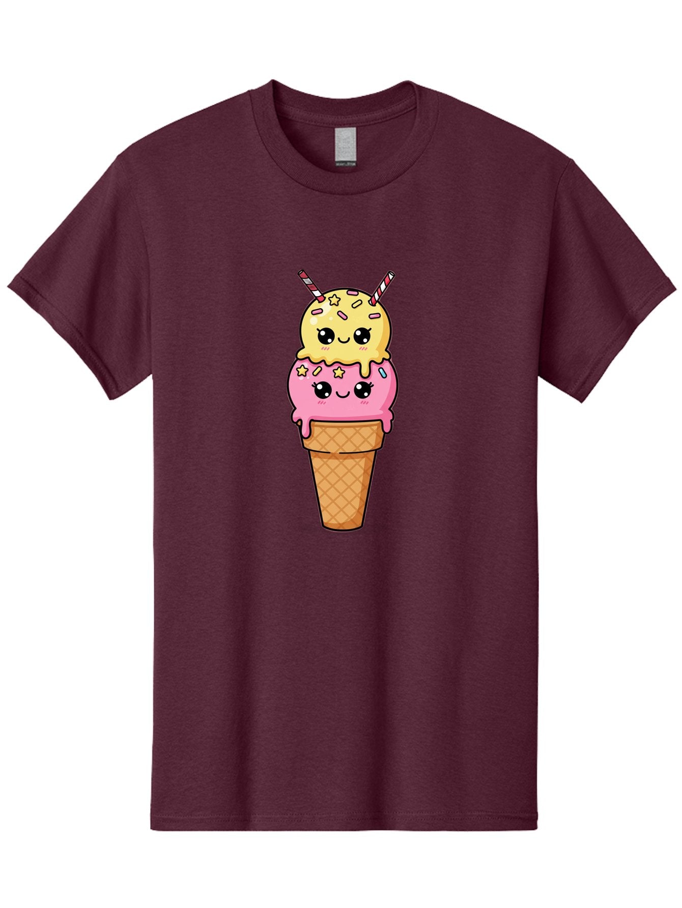 Double-Scoop-Ice-Cream-1 Men'S Graphic Tee, 100% Cotton, Comfortable Casual Summer Wear, Machine Washable, Two-Scoop Ice Cream, Melting Ice Cream, Pastel Colors, Cute Illustration, Pink And Yellow Scoops, Waffle Cone, Cartoon Style, Baa546