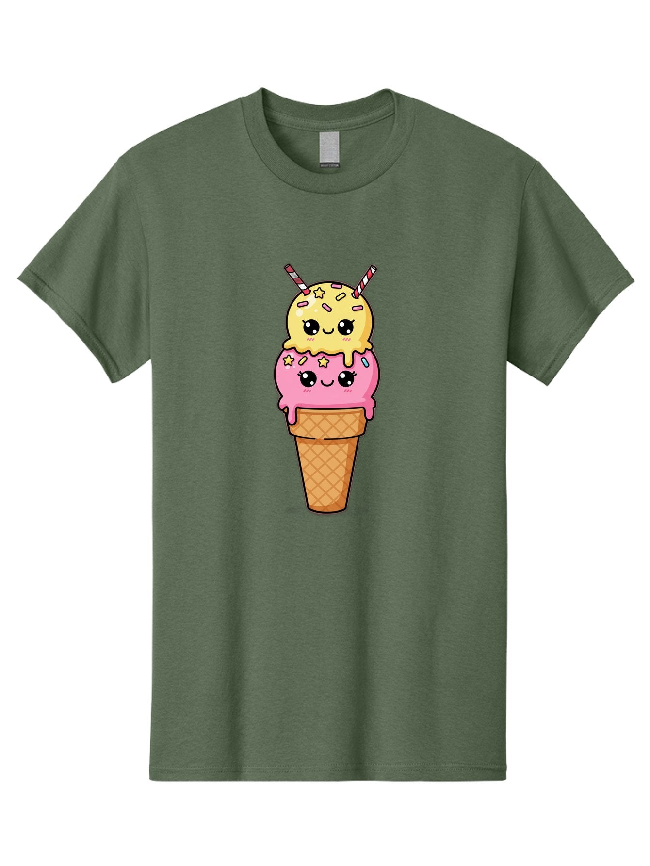 Double-Scoop-Ice-Cream-1 Men'S Graphic Tee, 100% Cotton, Comfortable Casual Summer Wear, Machine Washable, Two-Scoop Ice Cream, Melting Ice Cream, Pastel Colors, Cute Illustration, Pink And Yellow Scoops, Waffle Cone, Cartoon Style, Baa546 6