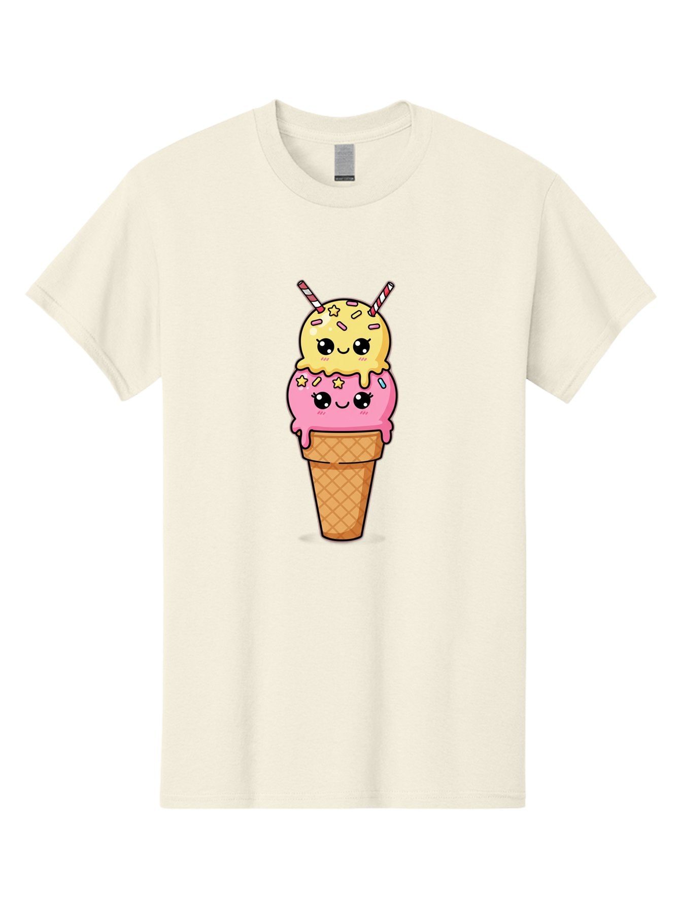 Double-Scoop-Ice-Cream-1 Men'S Graphic Tee, 100% Cotton, Comfortable Casual Summer Wear, Machine Washable, Two-Scoop Ice Cream, Melting Ice Cream, Pastel Colors, Cute Illustration, Pink And Yellow Scoops, Waffle Cone, Cartoon Style, Baa546 15