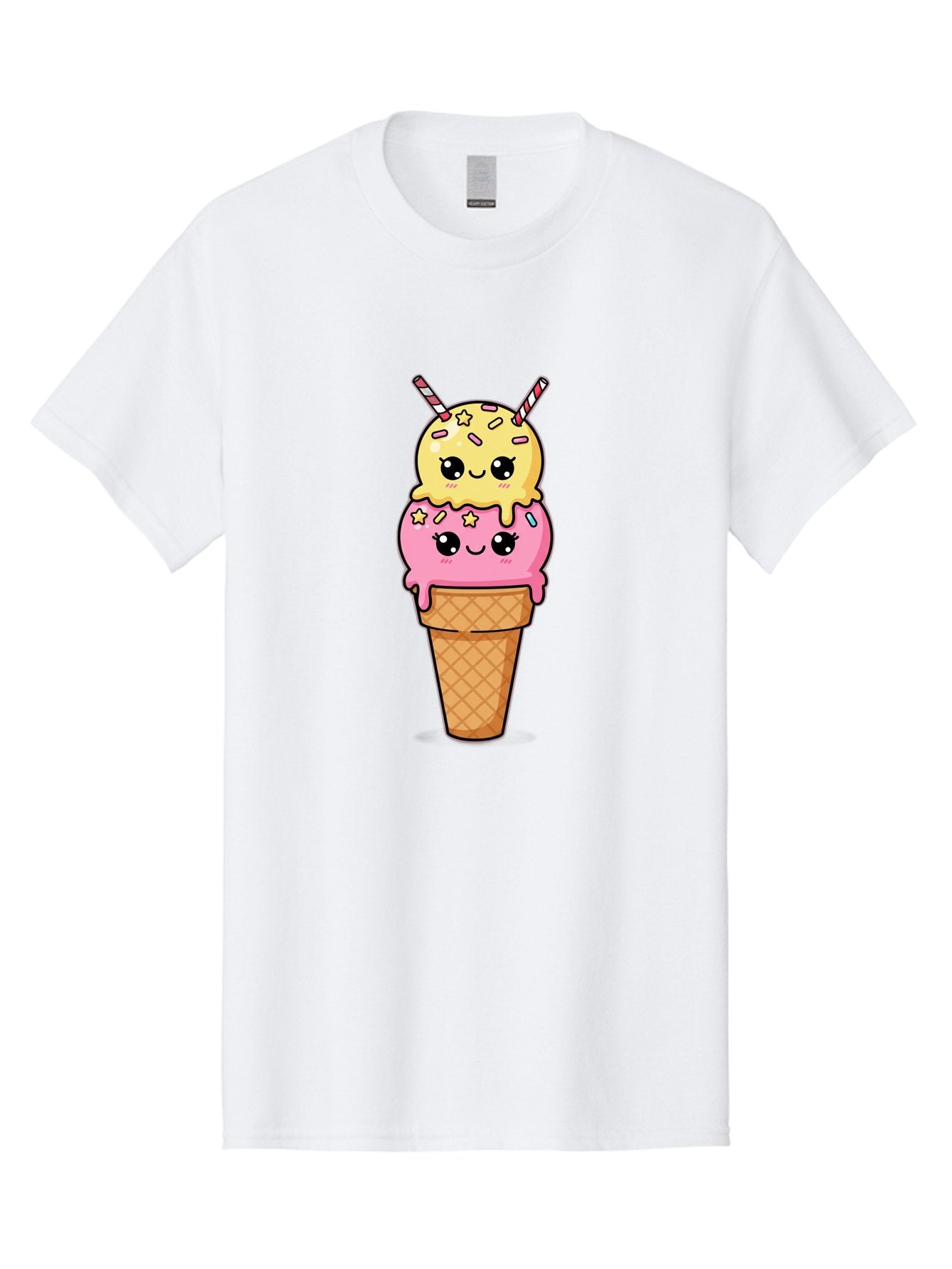 Double-Scoop-Ice-Cream-1 Men'S Graphic Tee, 100% Cotton, Comfortable Casual Summer Wear, Machine Washable, Two-Scoop Ice Cream, Melting Ice Cream, Pastel Colors, Cute Illustration, Pink And Yellow Scoops, Waffle Cone, Cartoon Style, Baa546 12