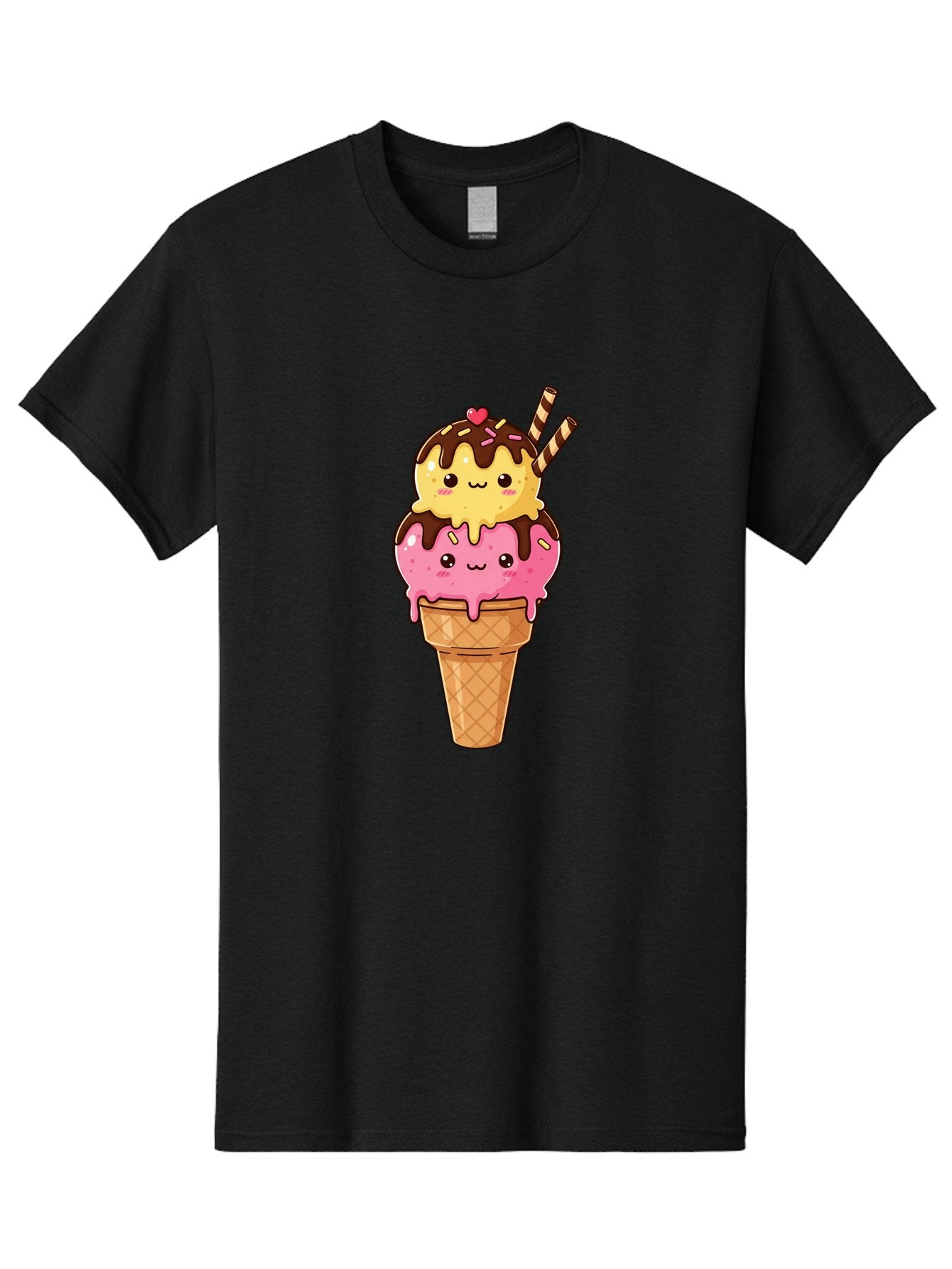 Double-Scoop-Ice-Cream-2 Men'S Graphic Tee, 100% Cotton, Comfortable Casual Summer Wear, Machine Washable, Kawaii Ice Cream, Cartoon Dessert, Melting Ice Cream, Waffle Cone, Chocolate Sauce, Pink And Yellow Ice Cream, Adorable Illustration, Baa547 14