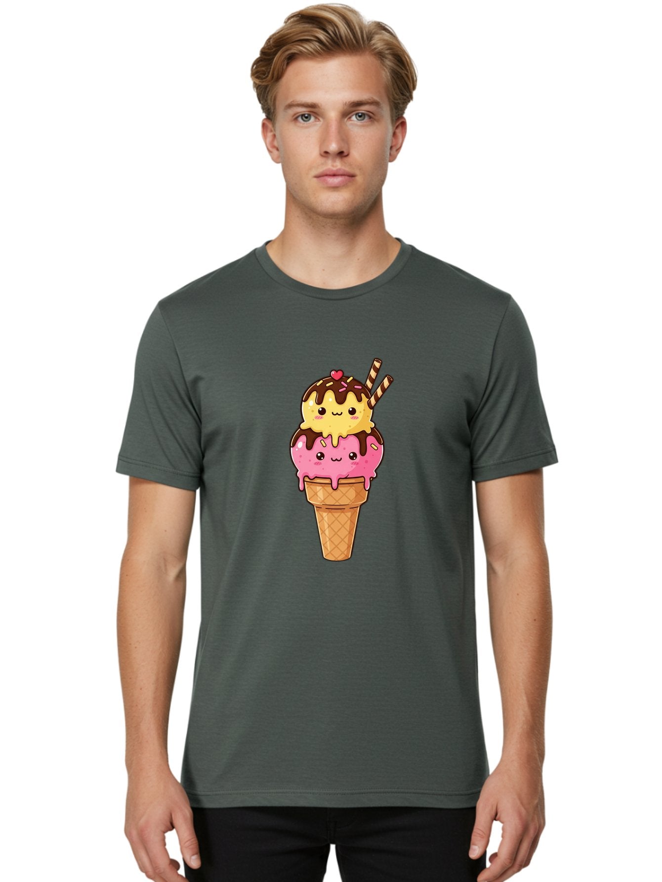 Double-Scoop-Ice-Cream-2 Men'S Graphic Tee, 100% Cotton, Comfortable Casual Summer Wear, Machine Washable, Kawaii Ice Cream, Cartoon Dessert, Melting Ice Cream, Waffle Cone, Chocolate Sauce, Pink And Yellow Ice Cream, Adorable Illustration, Baa547 27