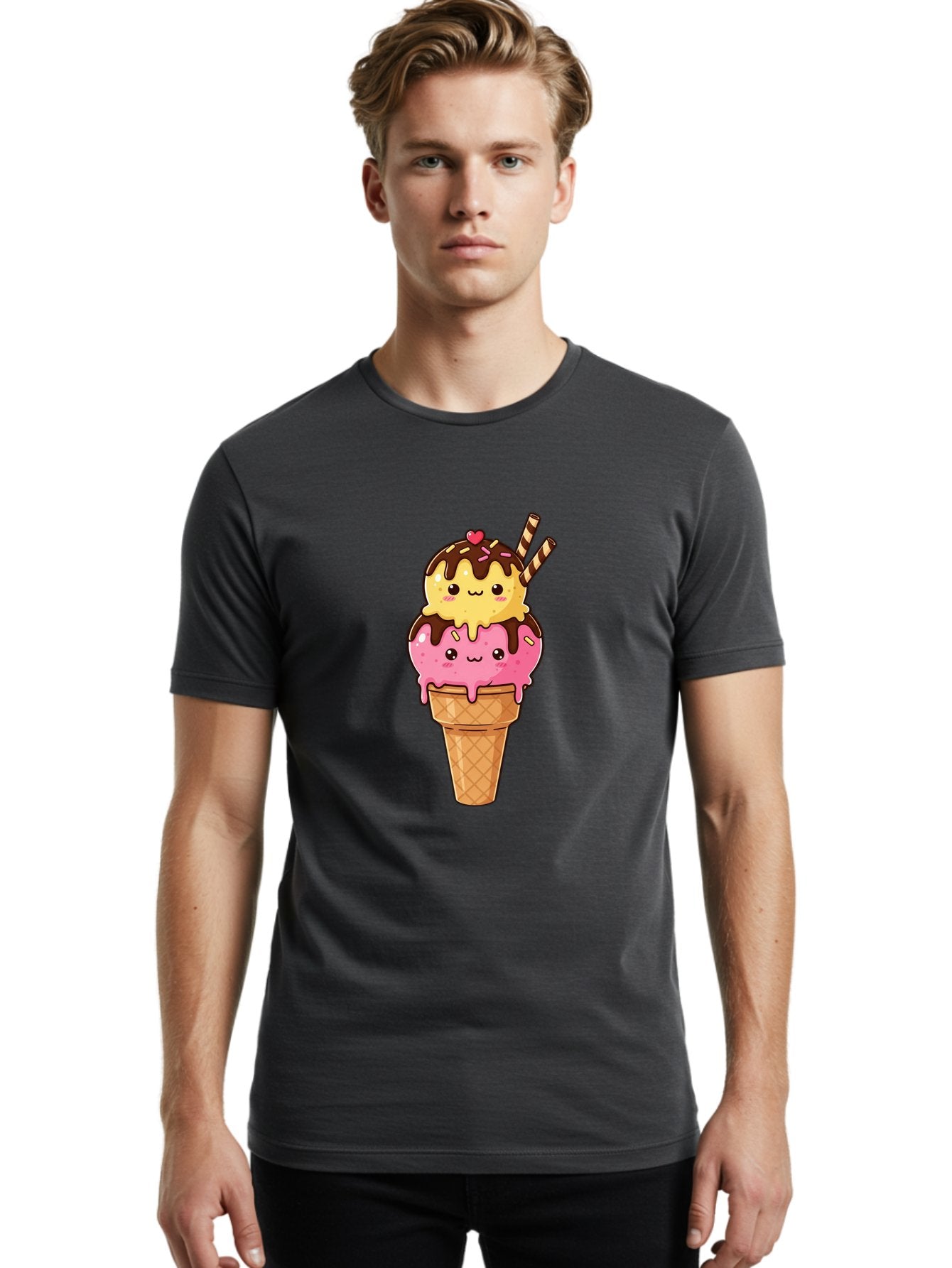Double-Scoop-Ice-Cream-2 Men'S Graphic Tee, 100% Cotton, Comfortable Casual Summer Wear, Machine Washable, Kawaii Ice Cream, Cartoon Dessert, Melting Ice Cream, Waffle Cone, Chocolate Sauce, Pink And Yellow Ice Cream, Adorable Illustration, Baa547 23