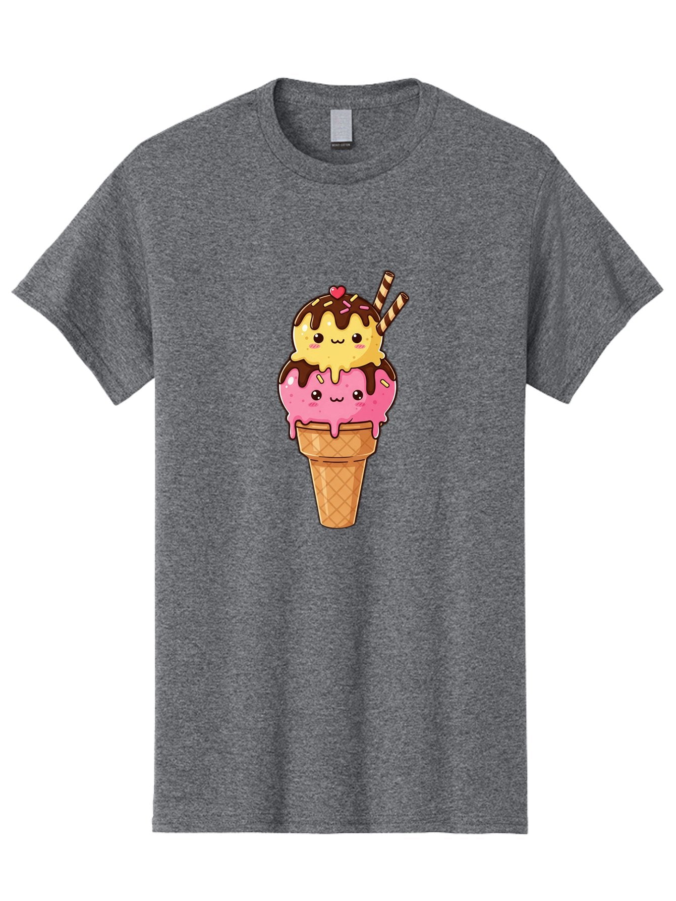 Double-Scoop-Ice-Cream-2 Men'S Graphic Tee, 100% Cotton, Comfortable Casual Summer Wear, Machine Washable, Kawaii Ice Cream, Cartoon Dessert, Melting Ice Cream, Waffle Cone, Chocolate Sauce, Pink And Yellow Ice Cream, Adorable Illustration, Baa547 8
