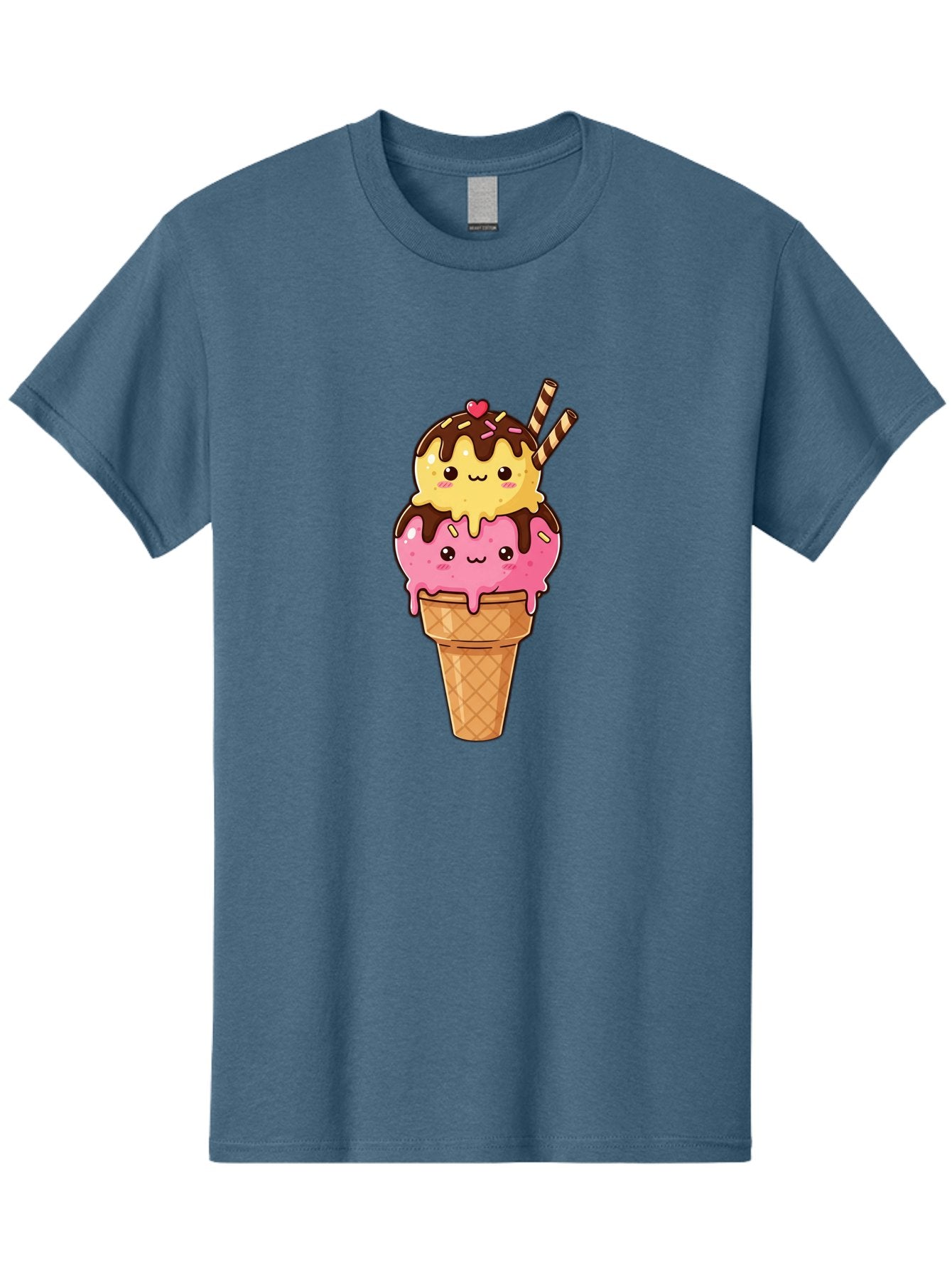 Double-Scoop-Ice-Cream-2 Men'S Graphic Tee, 100% Cotton, Comfortable Casual Summer Wear, Machine Washable, Kawaii Ice Cream, Cartoon Dessert, Melting Ice Cream, Waffle Cone, Chocolate Sauce, Pink And Yellow Ice Cream, Adorable Illustration, Baa547 10
