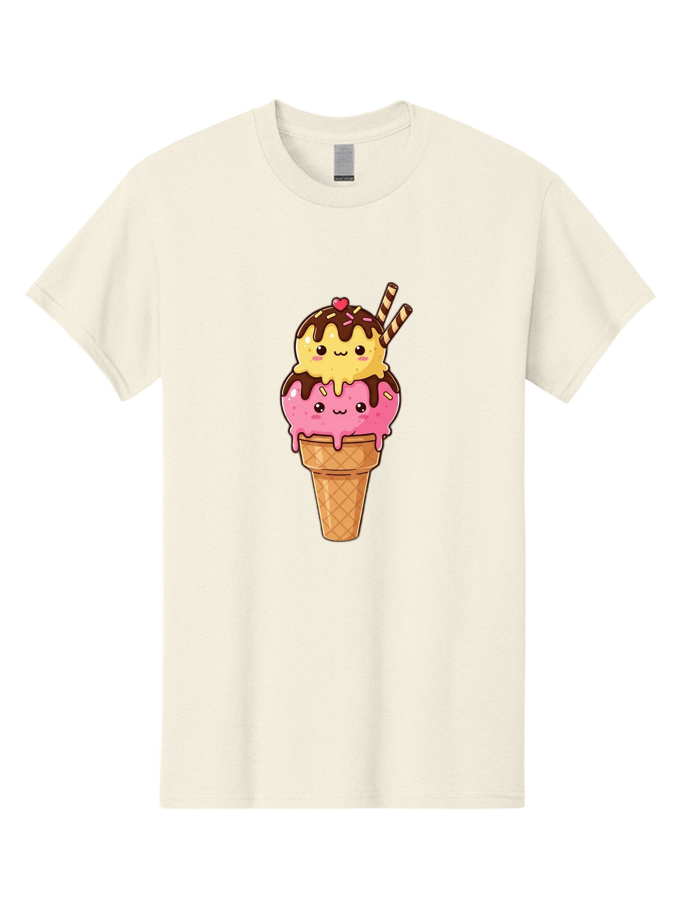 Double-Scoop-Ice-Cream-2 Men'S Graphic Tee, 100% Cotton, Comfortable Casual Summer Wear, Machine Washable, Kawaii Ice Cream, Cartoon Dessert, Melting Ice Cream, Waffle Cone, Chocolate Sauce, Pink And Yellow Ice Cream, Adorable Illustration, Baa547 12